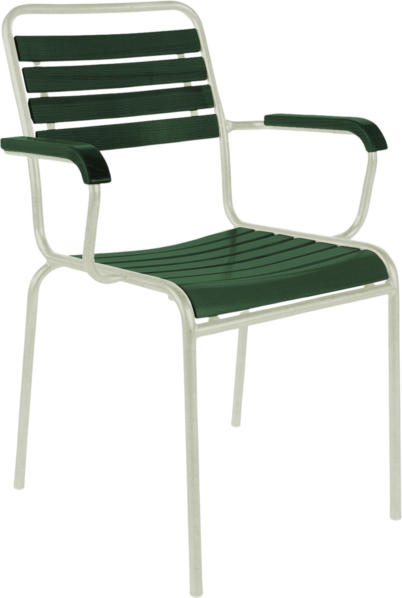 Rigi Holzlatten-Gartenstuhl mit Armlehne in Tannengrün präsentiert im Onlineshop von KAQTU Design AG. Gartenstuhl mit Armlehnen ist von Schaffner