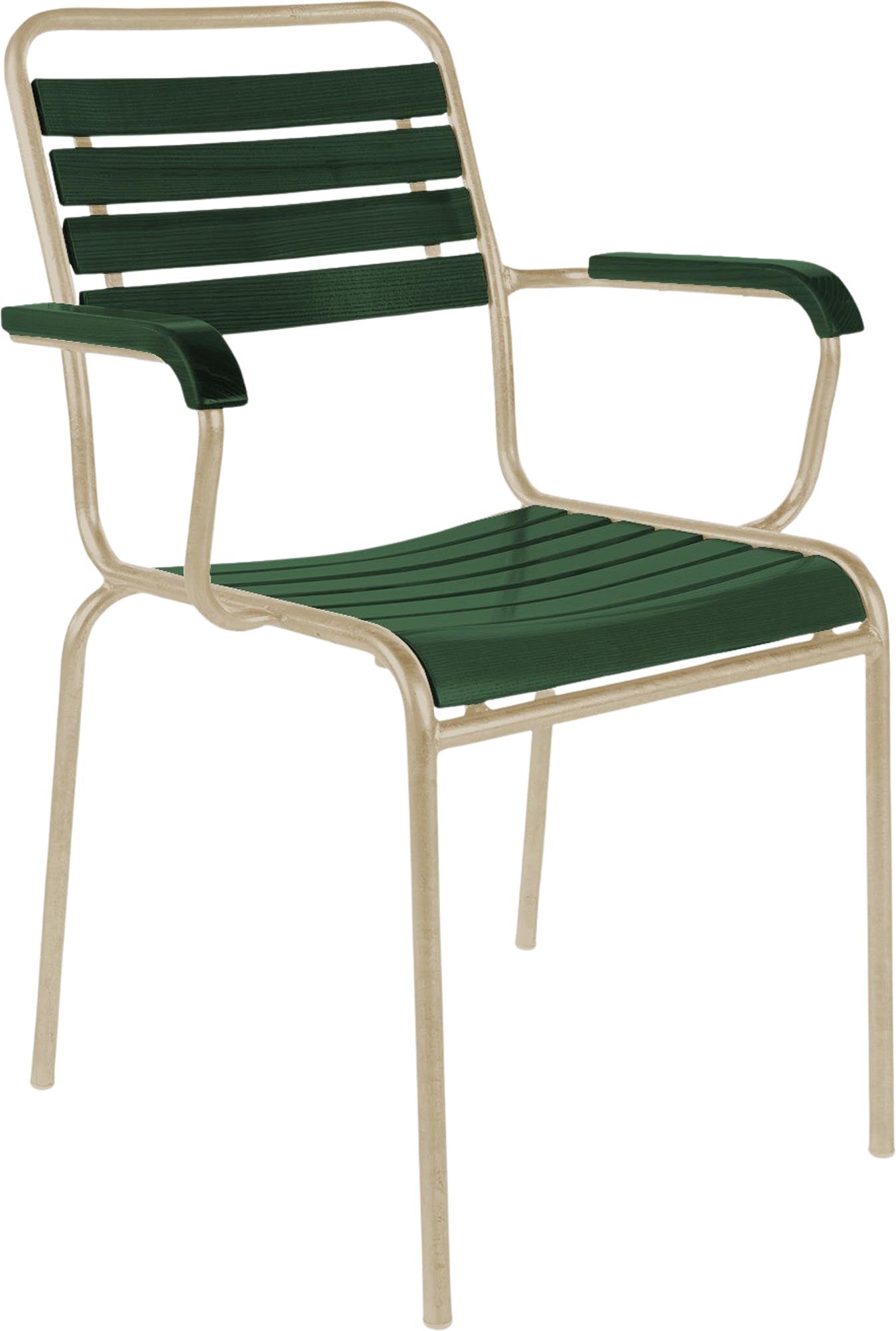 Rigi Holzlatten-Gartenstuhl mit Armlehne in Tannengrün präsentiert im Onlineshop von KAQTU Design AG. Gartenstuhl mit Armlehnen ist von Schaffner
