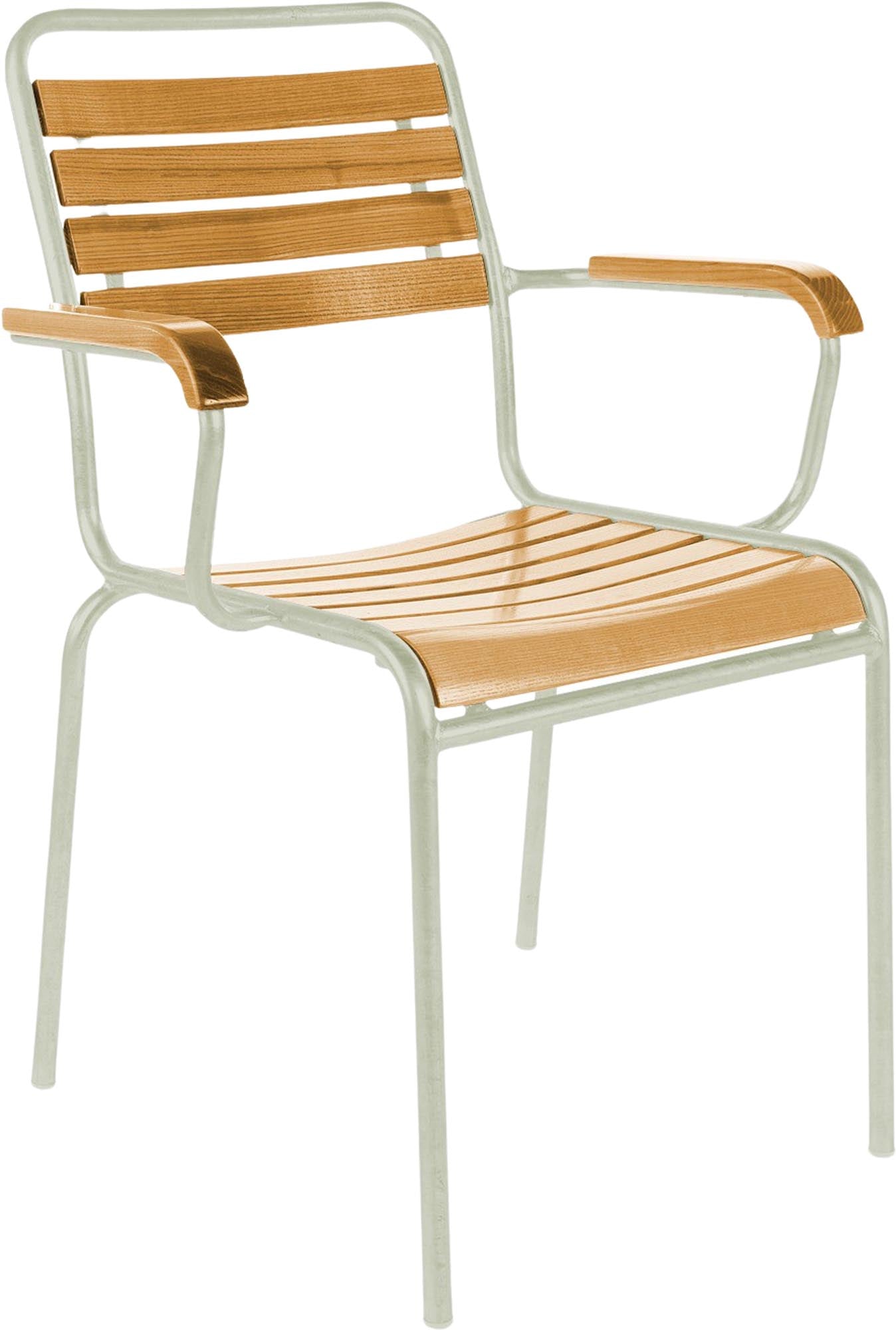 Schaffner Rigi Holzlatten-Gartenstuhl mit Armlehne aus wetterfestem Eschenholz, langlebig, nachhaltiges Design, in der Schweiz gefertigt – perfekt für stilvollen Outdoor-Komfort.