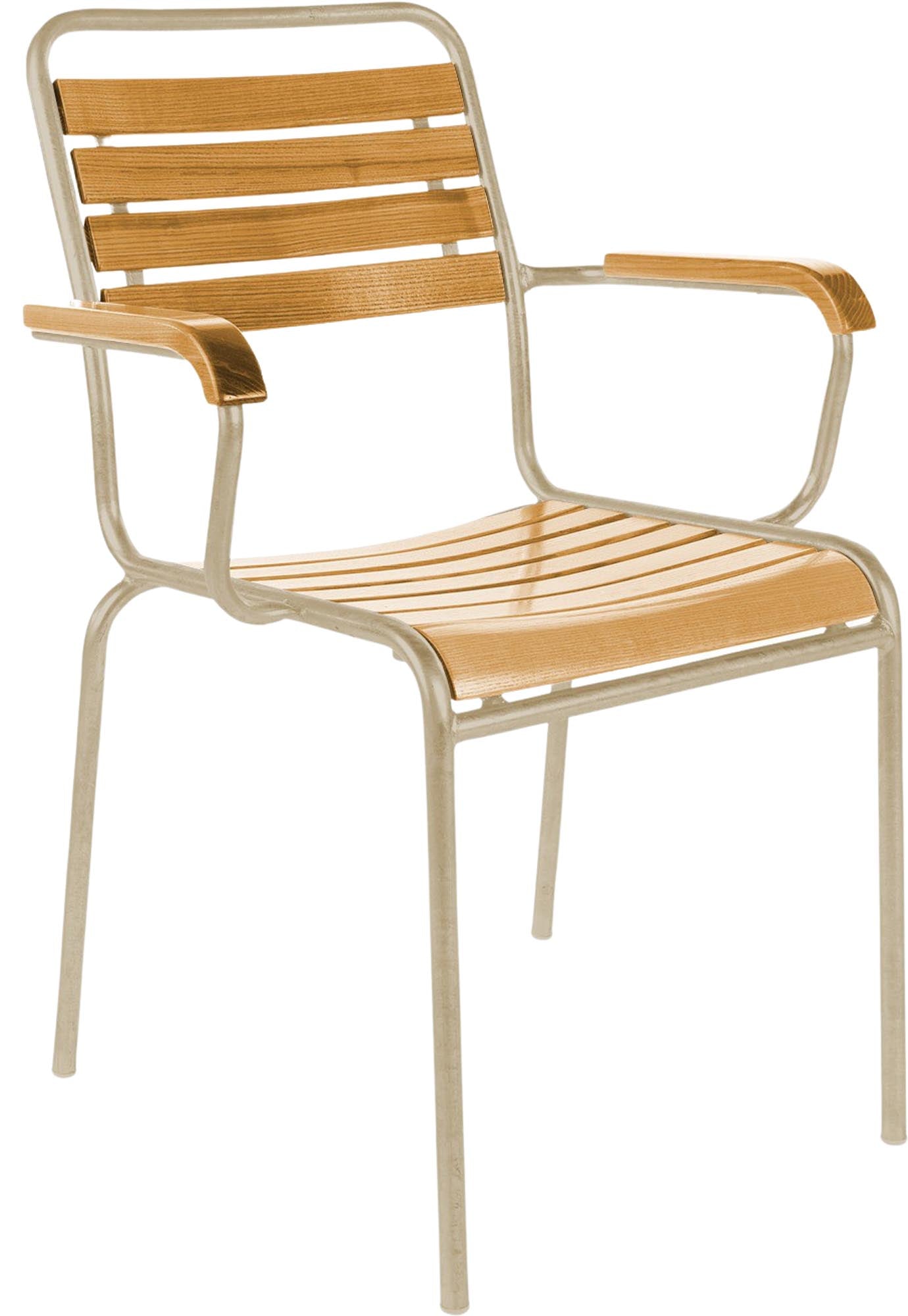 Rigi Holzlatten-Gartenstuhl mit Armlehne in Natur geölt präsentiert im Onlineshop von KAQTU Design AG. Gartenstuhl mit Armlehnen ist von Schaffner