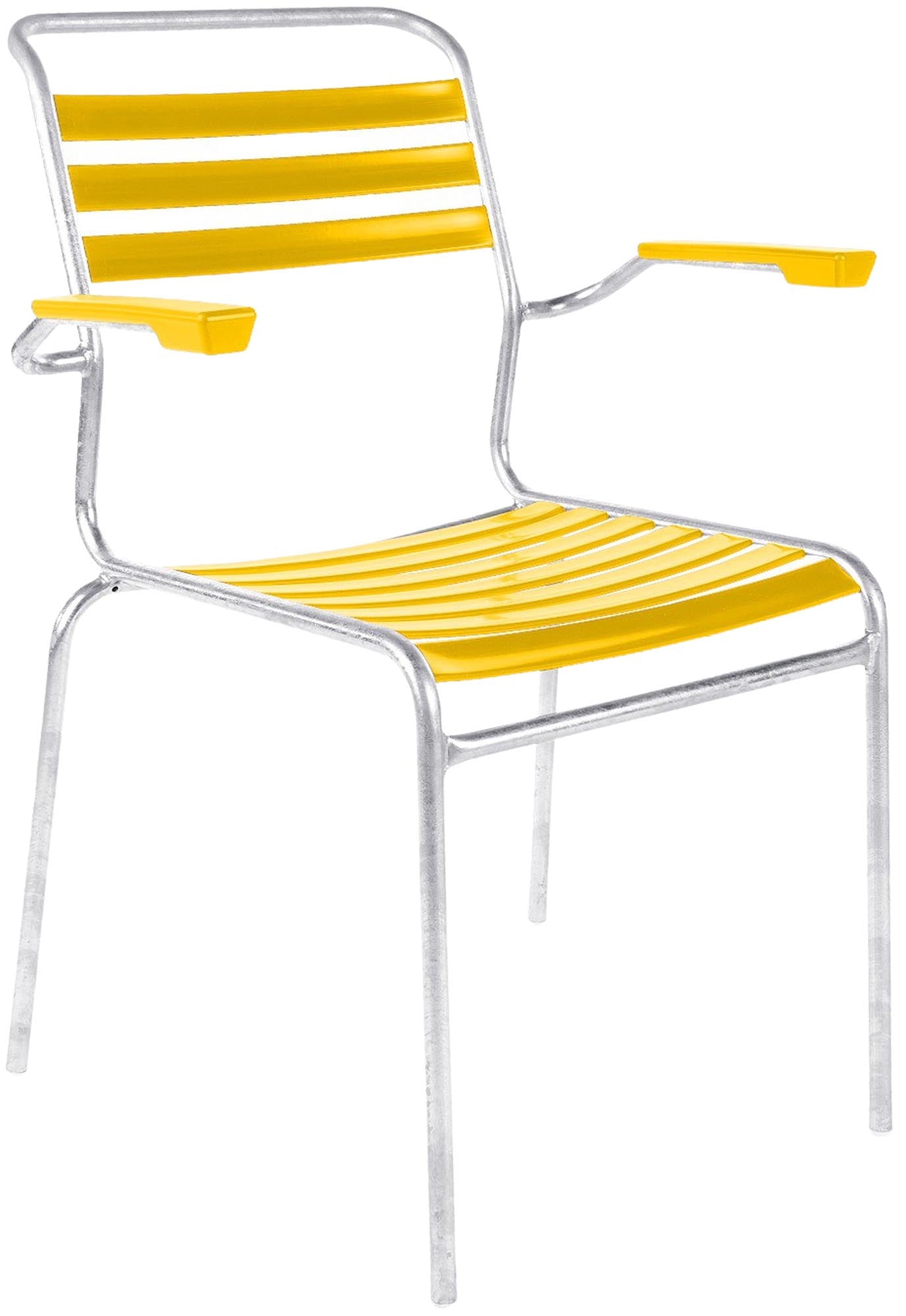 Säntis Lättli-Gartenstuhl mit Armlehne in Gelb präsentiert im Onlineshop von KAQTU Design AG. Gartenstuhl mit Armlehnen ist von Schaffner