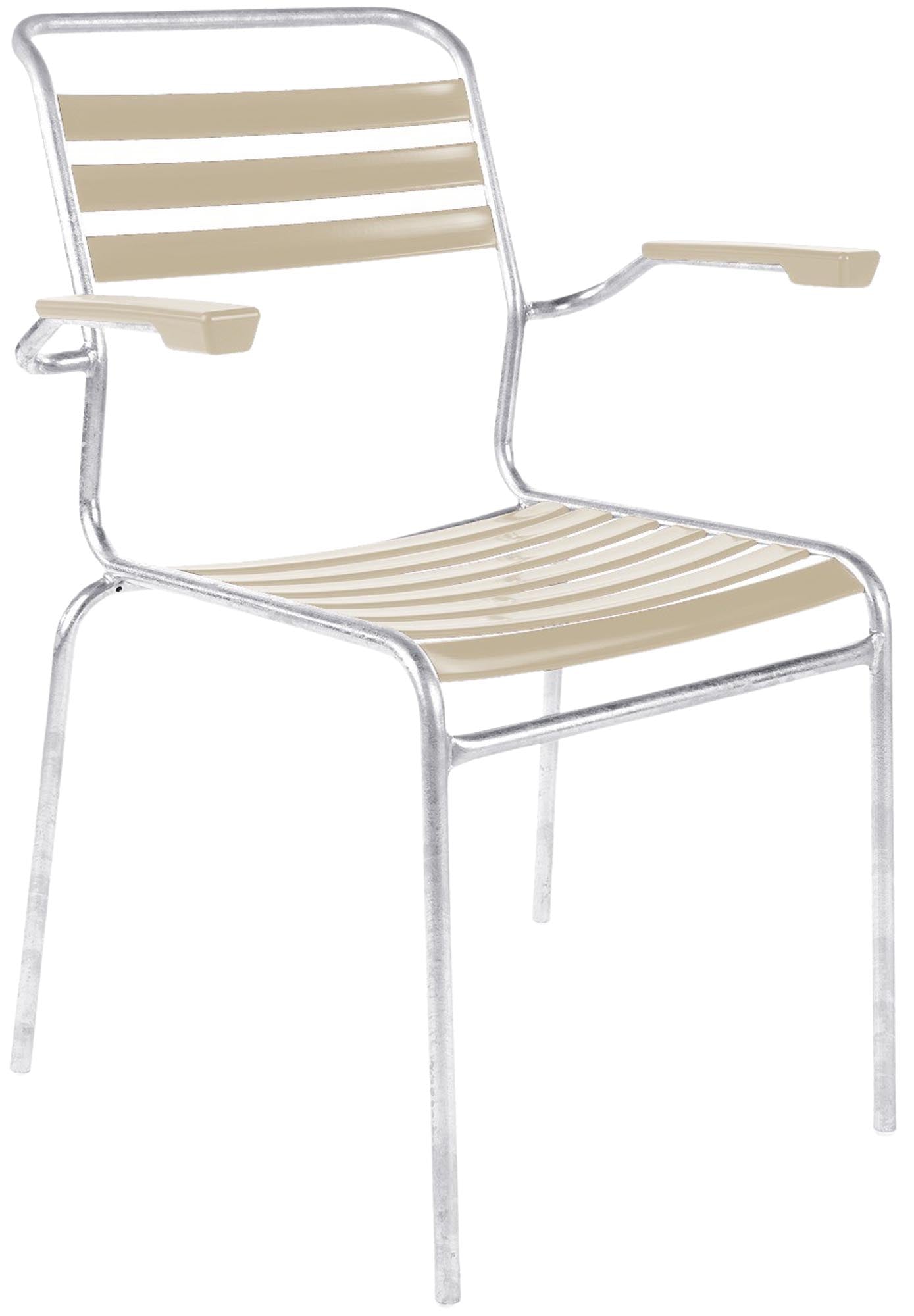 Säntis Lättli-Gartenstuhl mit Armlehne in Pastellsand präsentiert im Onlineshop von KAQTU Design AG. Gartenstuhl mit Armlehnen ist von Schaffner