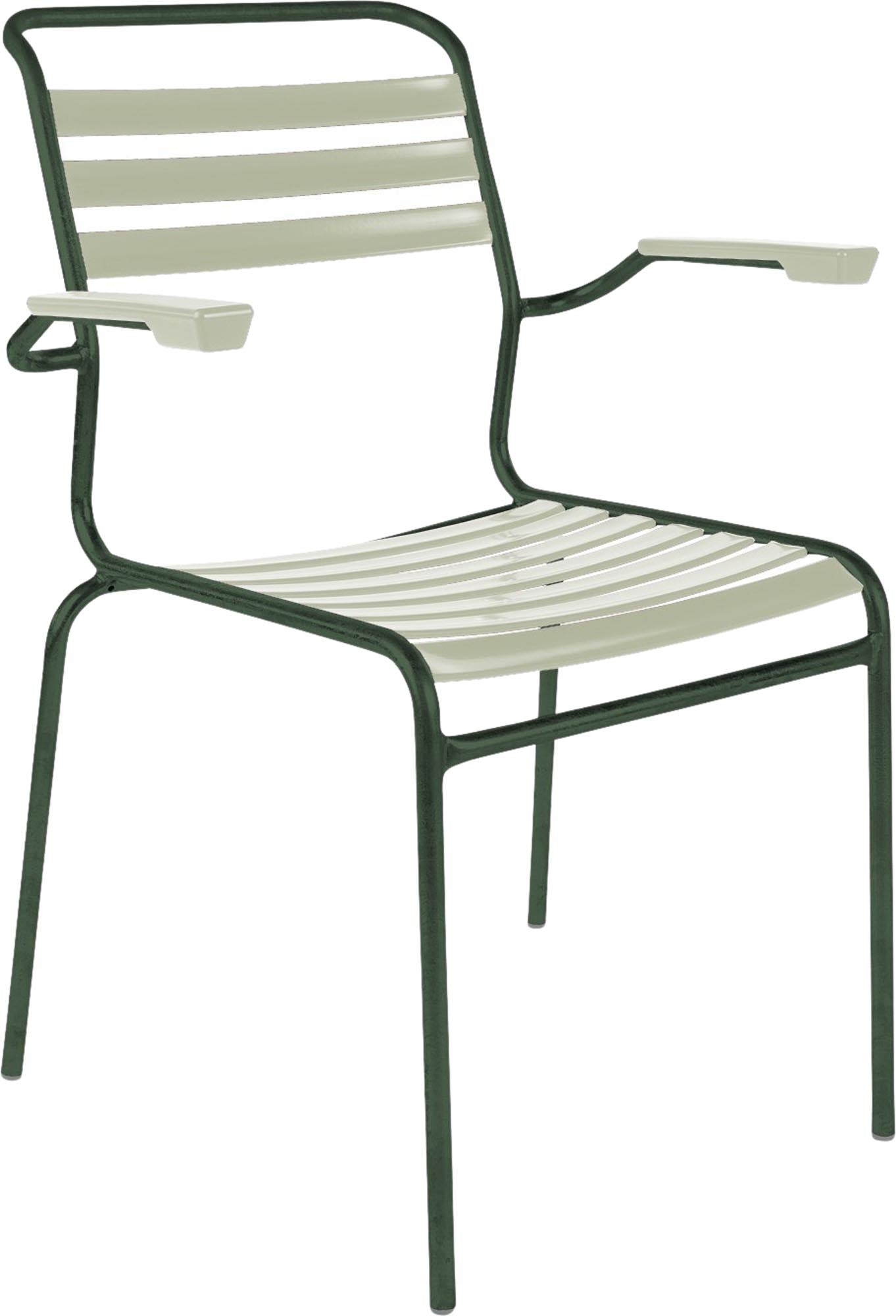 Eleganter Säntis Lättli-Gartenstuhl mit komfortablen Armlehnen, ideal für entspannte Stunden im Garten oder auf der Terrasse.