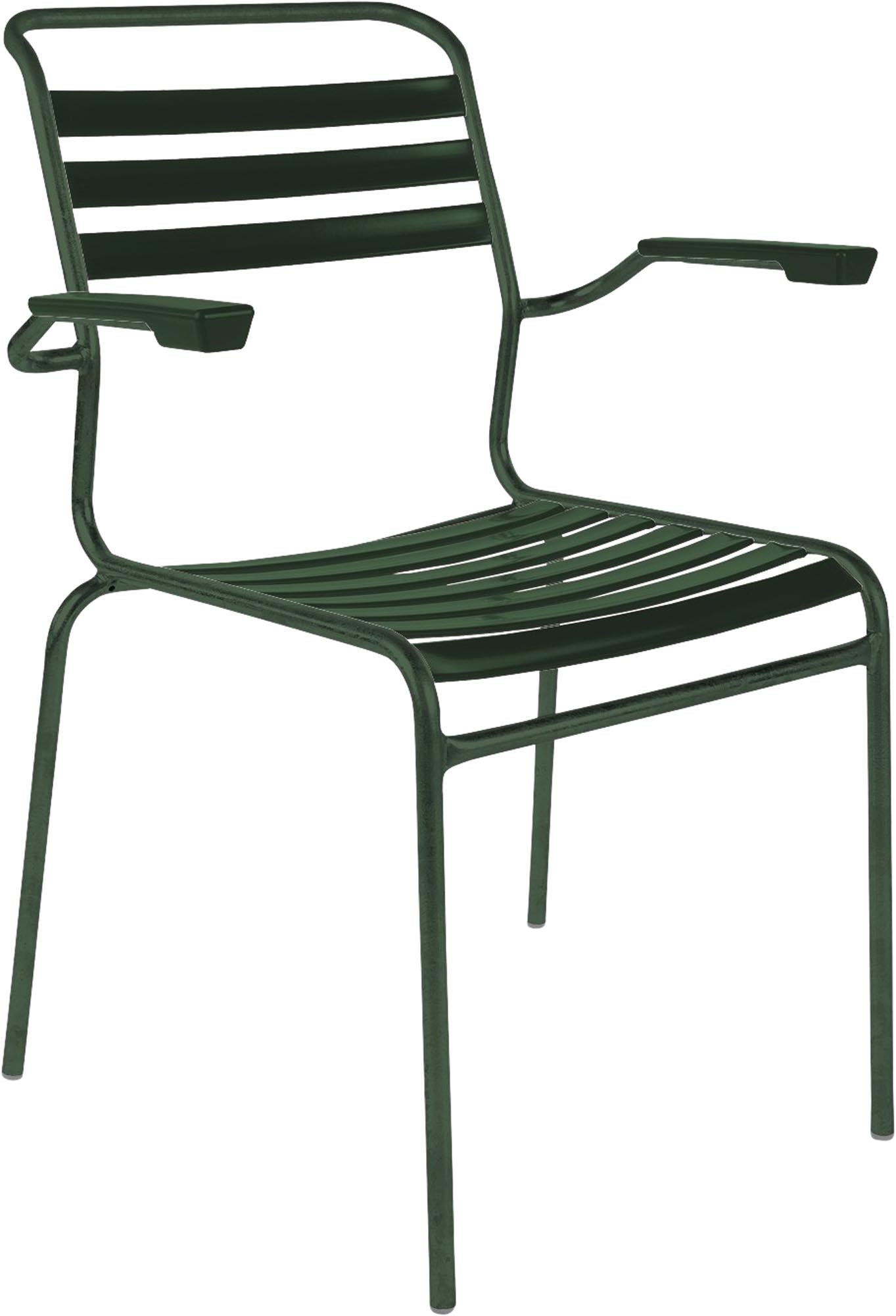 Säntis Lättli-Gartenstuhl mit Armlehne in Tannengrün präsentiert im Onlineshop von KAQTU Design AG. Gartenstuhl mit Armlehnen ist von Schaffner