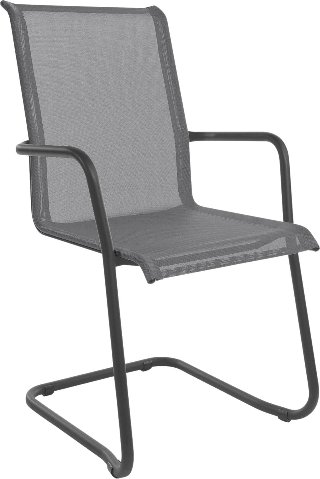 Eleganter Locarno Freischwinger mit Armlehnen, wetterfestem Textil, Schweizer Qualität, stapelbar, langlebig, pflegeleicht – perfekt für Ihren Garten.