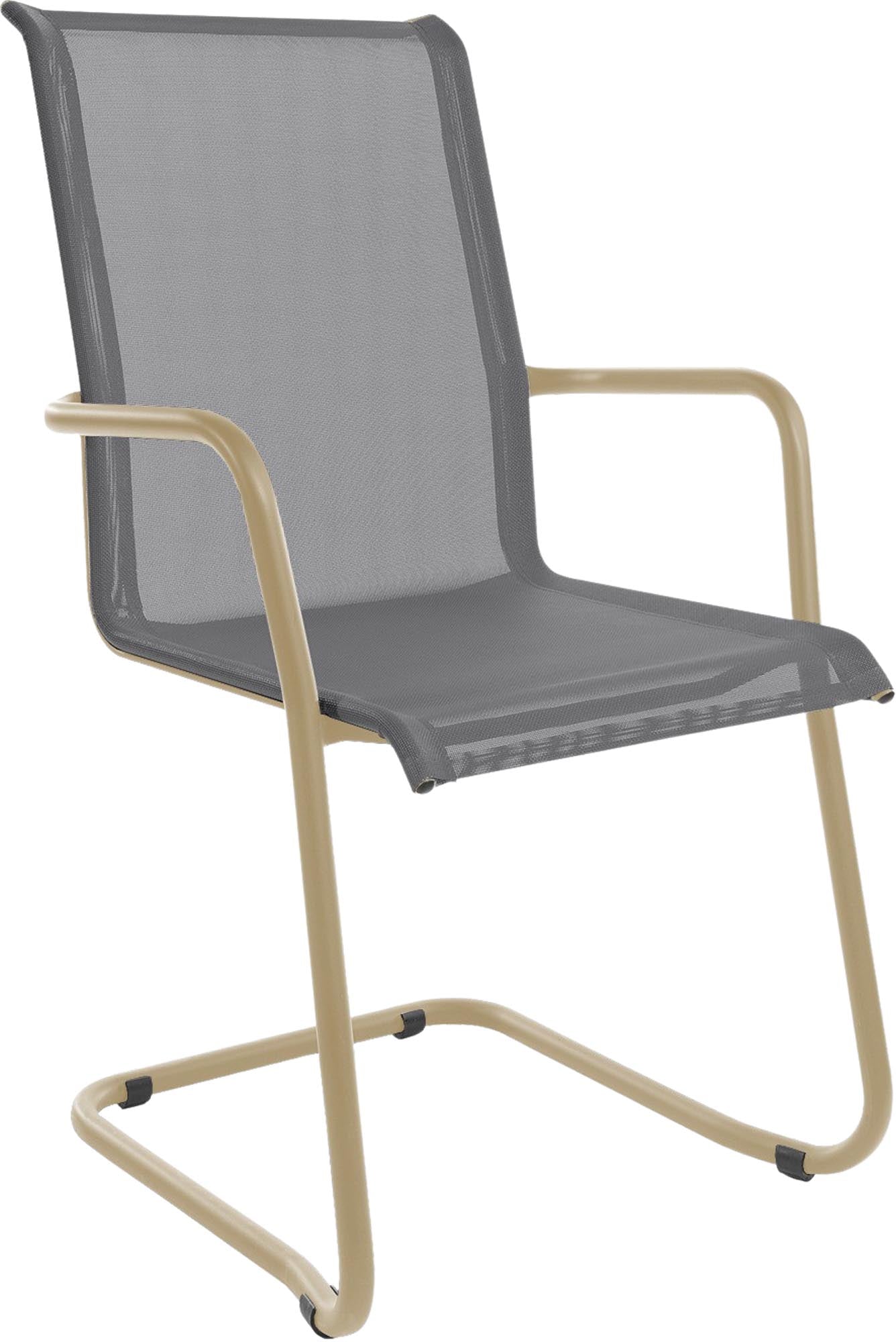 Locarno Textil-Gartenstuhl mit Armlehne Freischwinger in Grau präsentiert im Onlineshop von KAQTU Design AG. Gartenstuhl mit Armlehnen ist von Schaffner