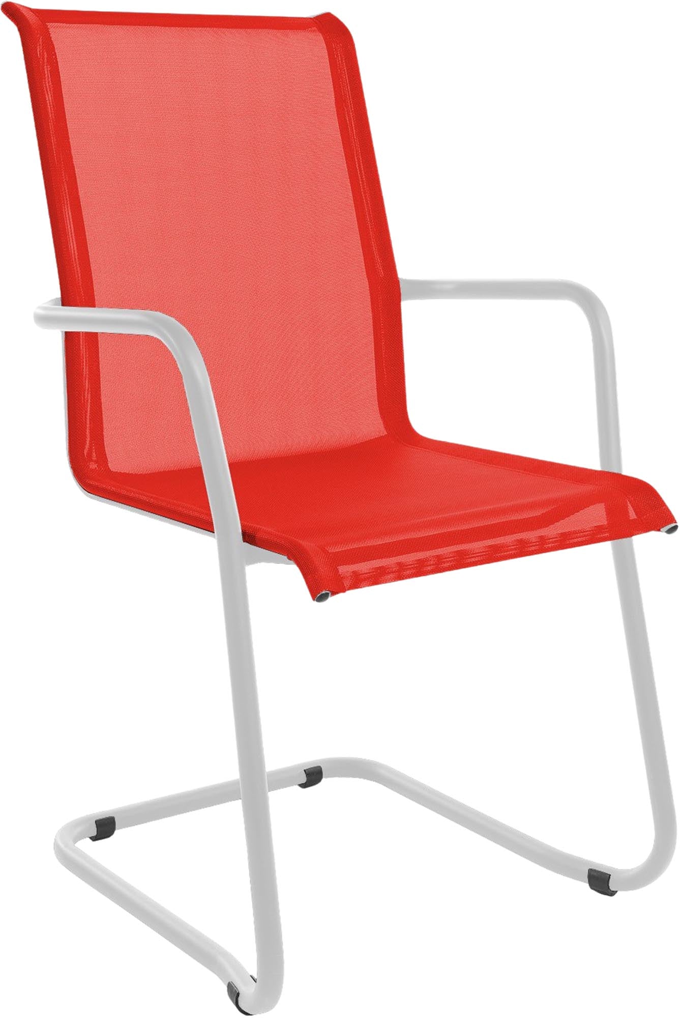 Eleganter Freischwinger mit Armlehnen, wetterfestes Textil, Schweizer Qualität, langlebig, stapelbar, in vielfältigen Farben – perfekt für Garten & Terrasse.