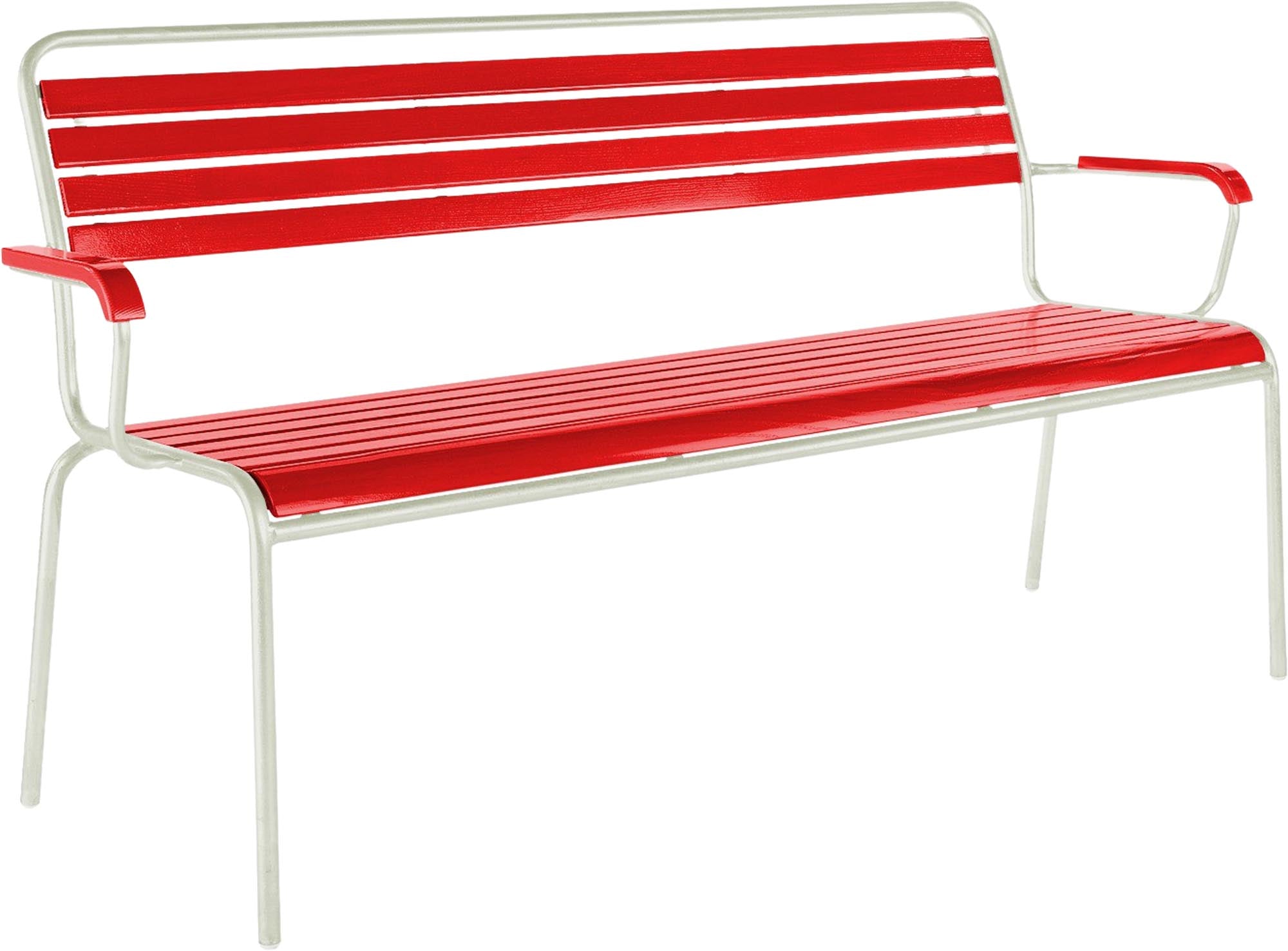 Rigi Holzlatten- 3er-Gartenbank mit Armlehne in Rot präsentiert im Onlineshop von KAQTU Design AG. Gartenbank ist von Schaffner
