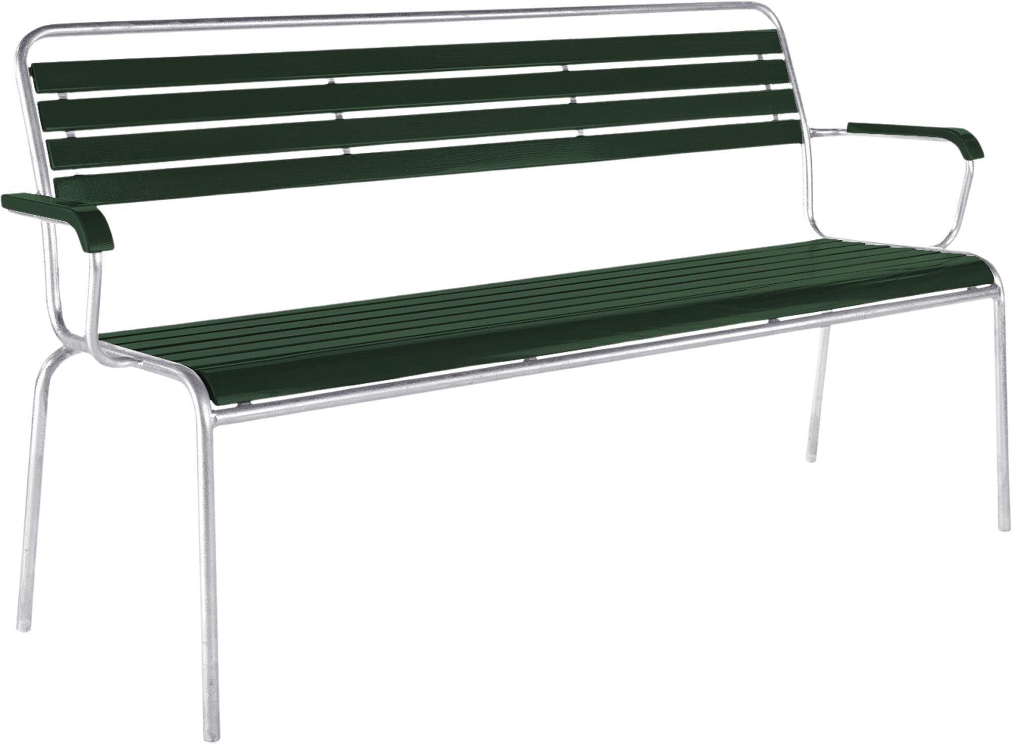 Rigi Holzlatten- 3er-Gartenbank mit Armlehne in Tannengrün präsentiert im Onlineshop von KAQTU Design AG. Gartenbank ist von Schaffner