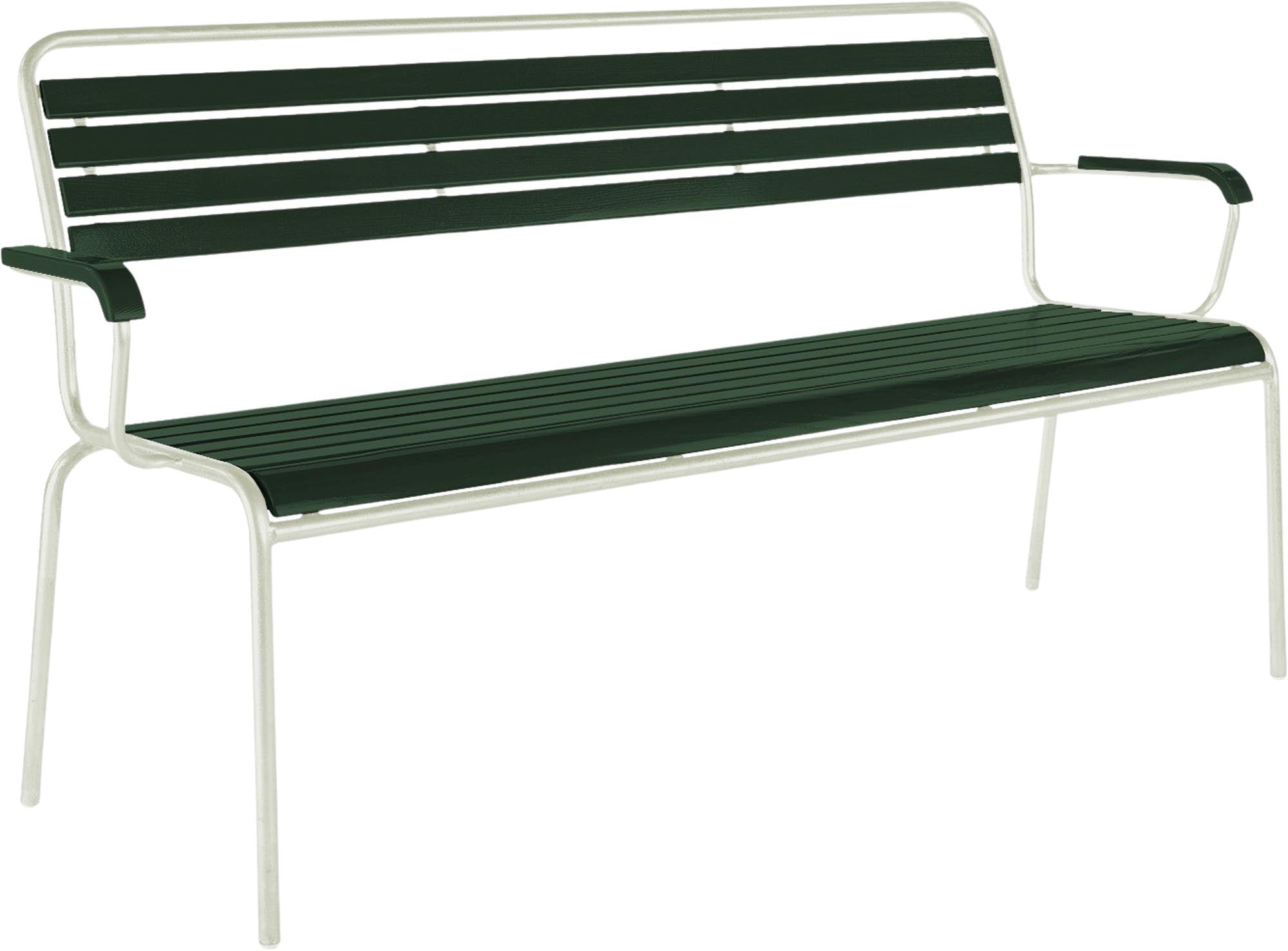 Entspannen Sie stilvoll auf der stabilen Holzlattenbank Rigi mit Armlehnen von Schaffner – ideal für Garten und Terrasse.