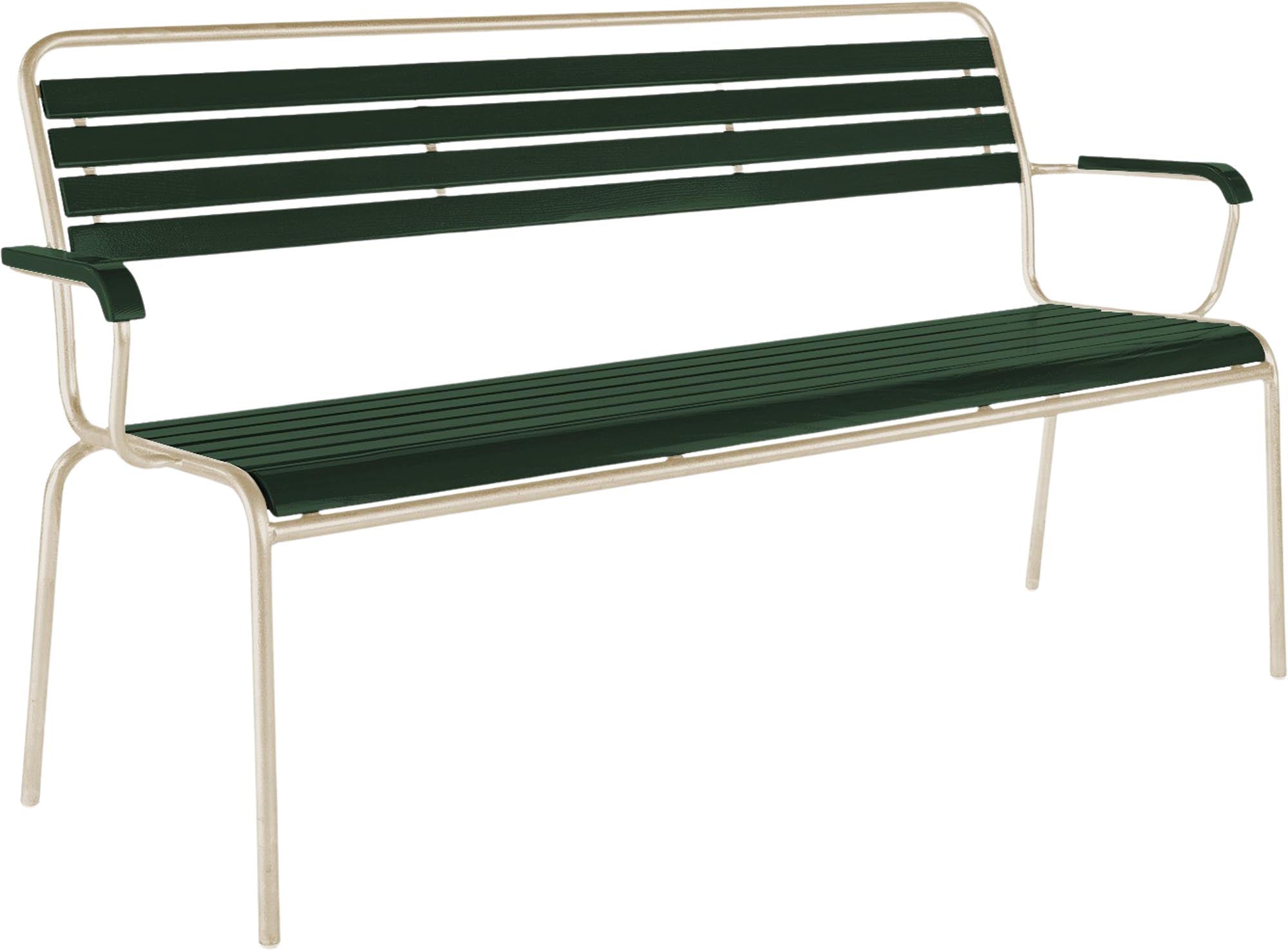 Rigi Holzlatten- 3er-Gartenbank mit Armlehne in Tannengrün präsentiert im Onlineshop von KAQTU Design AG. Gartenbank ist von Schaffner