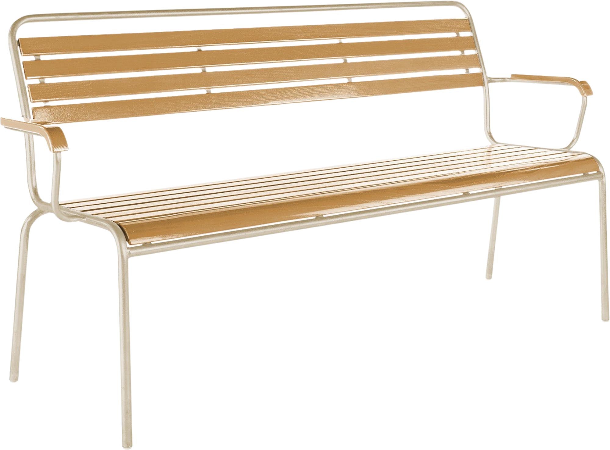 Elegante Rigi Holzbank mit Armlehnen von Schaffner für Aussenbereiche.