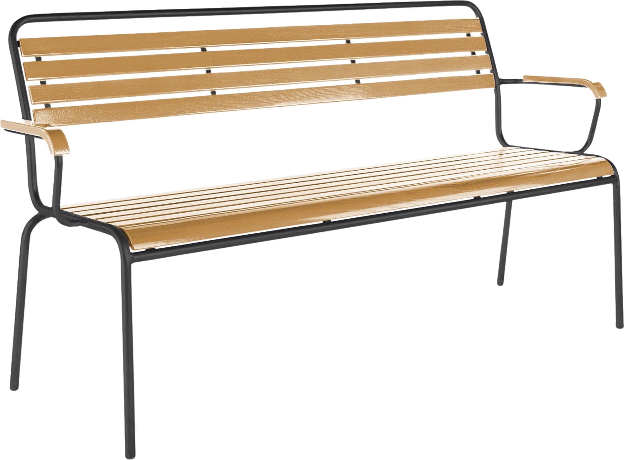 Entspannen Sie stilvoll mit der Rigi Holzlattenbank von Schaffner. Hochwertige Thurgauer Esche und einzigartiges Retro-Design vereinen sich.