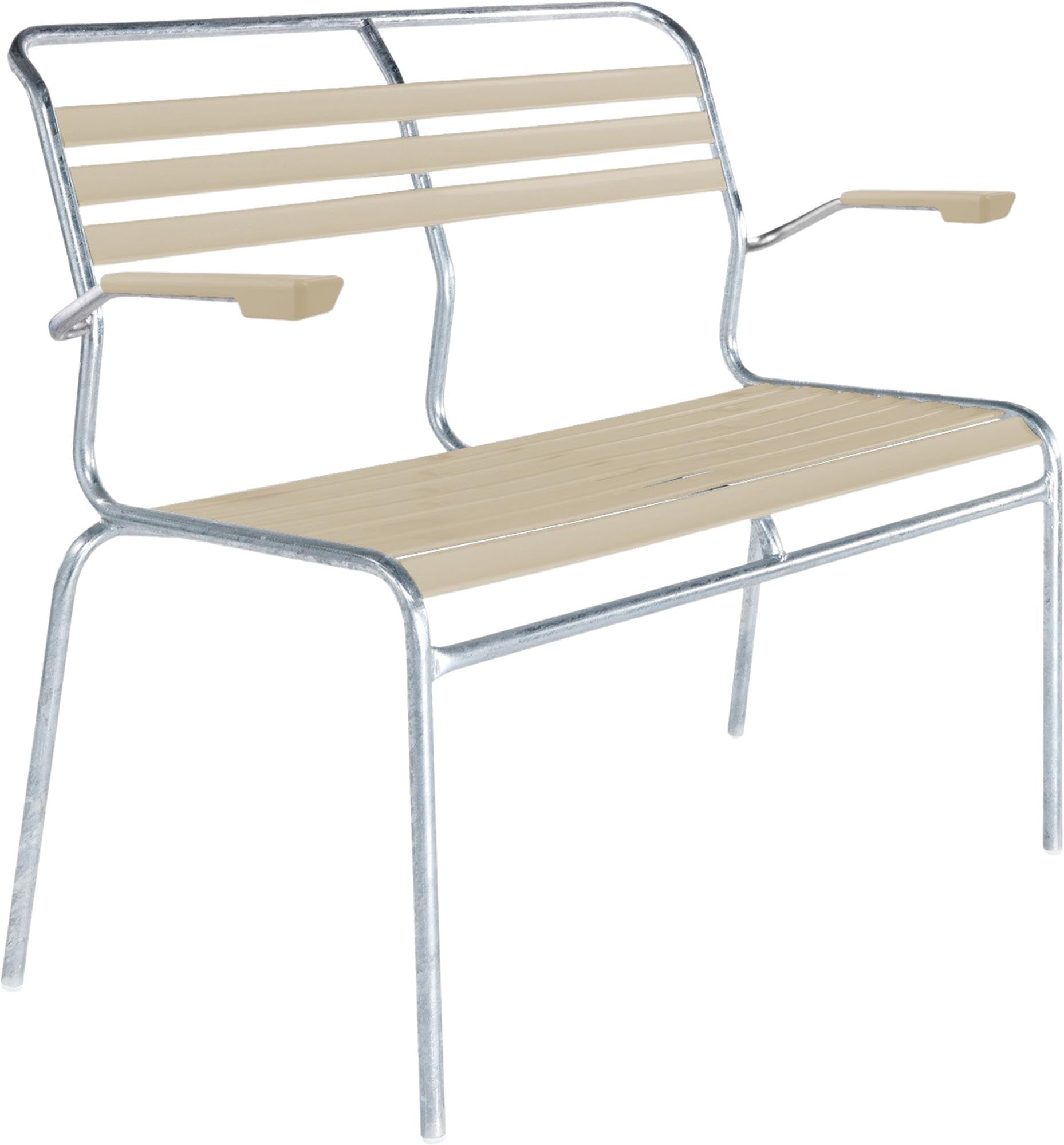 Säntis Lättli-2er Gartenbank mit Armlehne von Schaffner – wetterfest, langlebig, Schweizer Handwerkskunst, outdoor Gartenmöbel, komfortabel, robust.