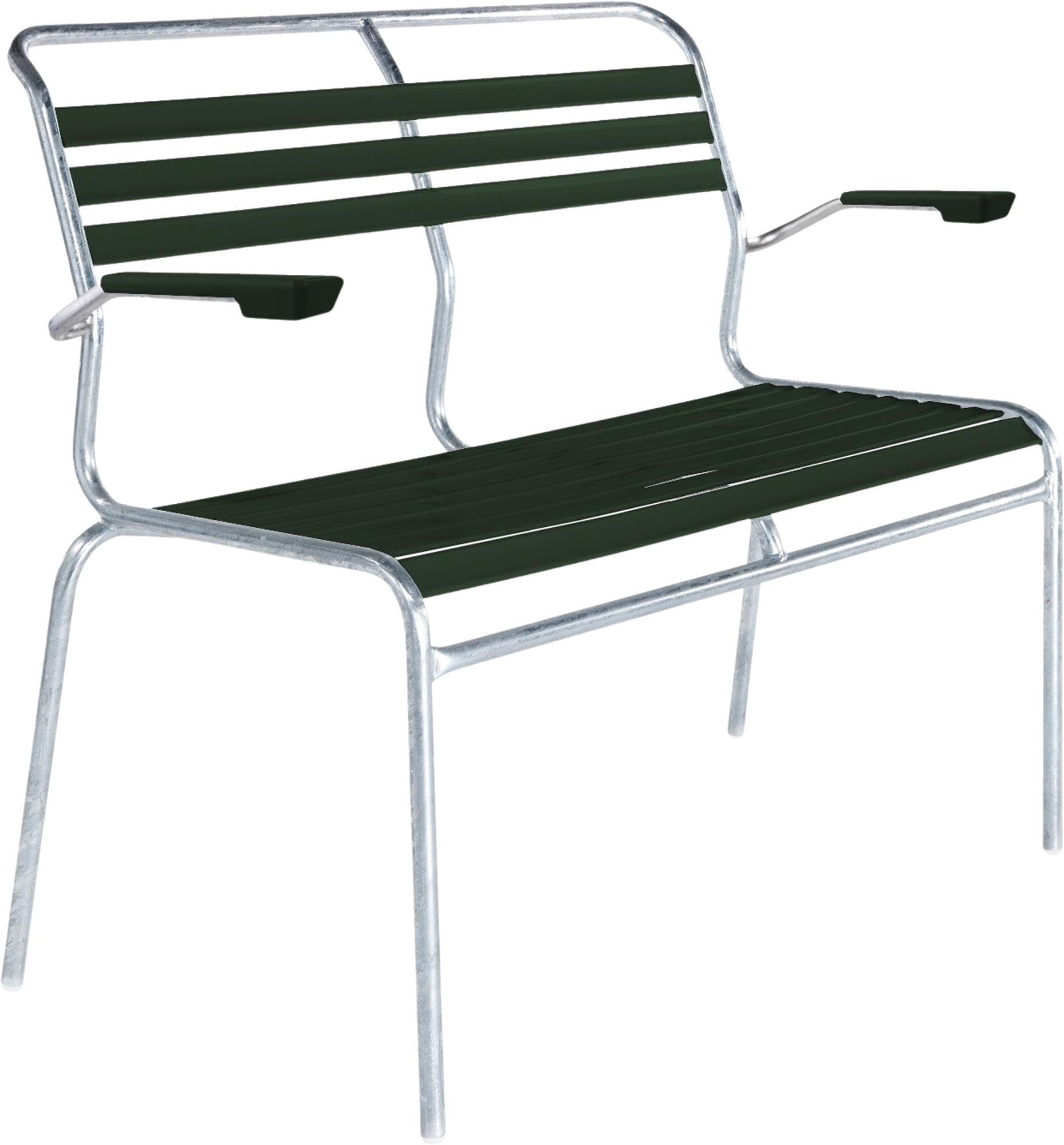 Robuste Säntis Lättli-2er Gartenbank mit Armlehne, wetterfestes Design, langlebige Materialien, Schweizer Qualität – perfekt für Terrasse, Balkon und Garten.