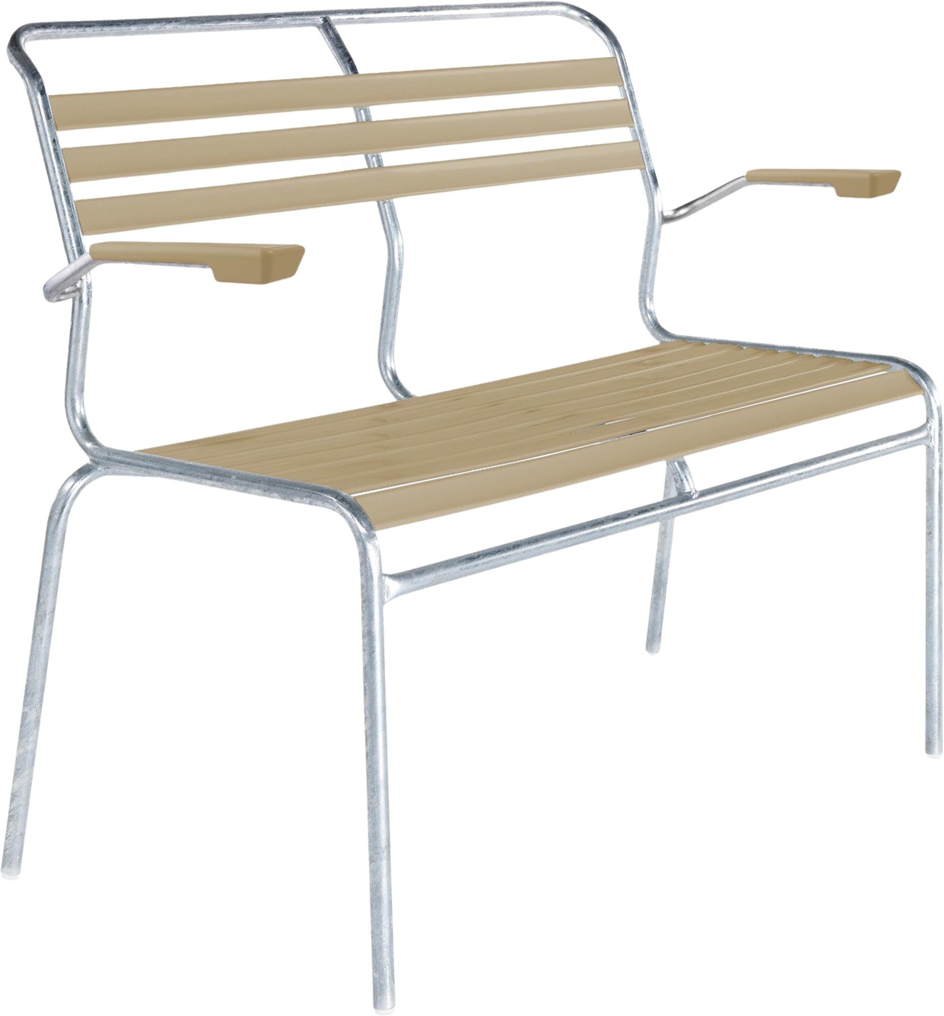Elegante Säntis Lättli-2er Gartenbank mit Armlehne, wetterfestes Metallgestell, langlebig, Schweizer Qualität, ideal für Balkon, Terrasse oder Garten.