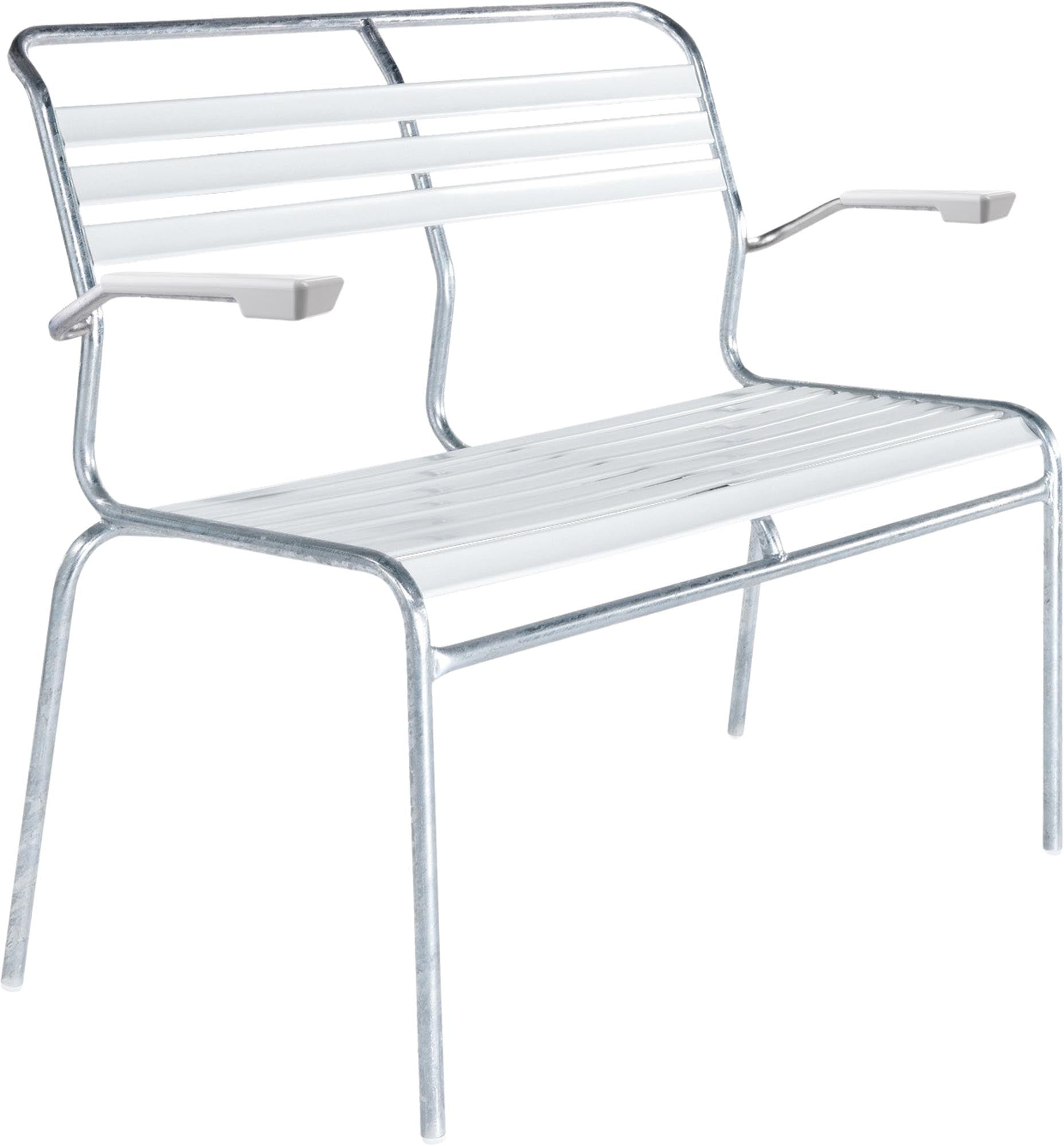 Säntis Lättli-2er Gartenbank mit Armlehne in Weiss präsentiert im Onlineshop von KAQTU Design AG. Gartenbank ist von Schaffner