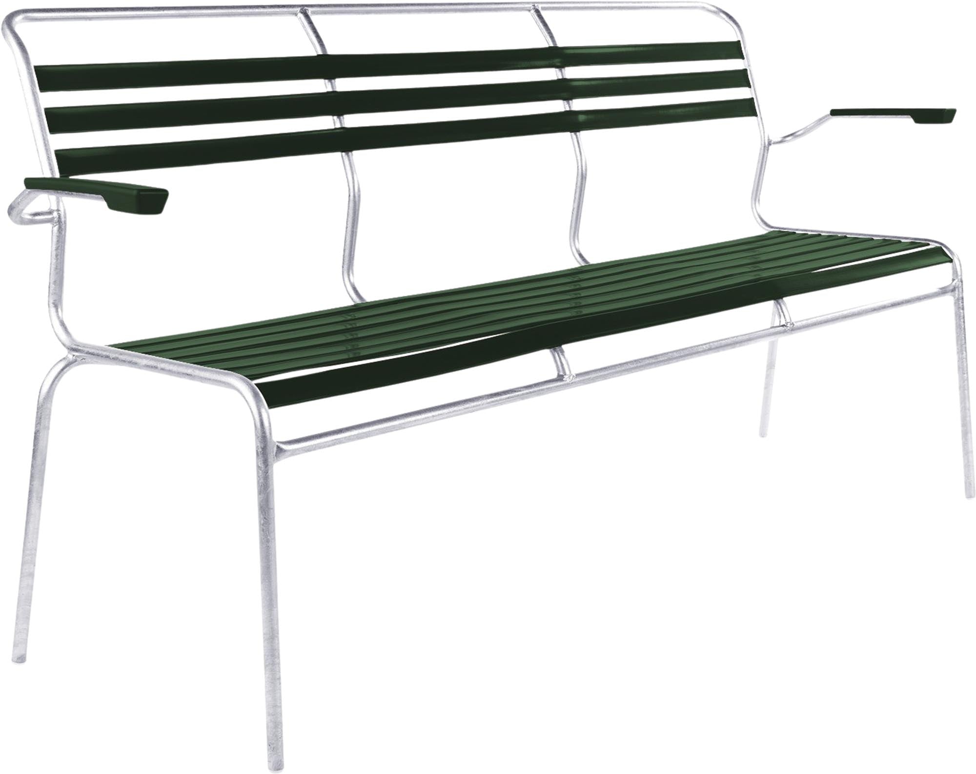 Säntis Lättli-3er Gartenbank mit Armlehne in Tannengrün präsentiert im Onlineshop von KAQTU Design AG. Gartenbank ist von Schaffner