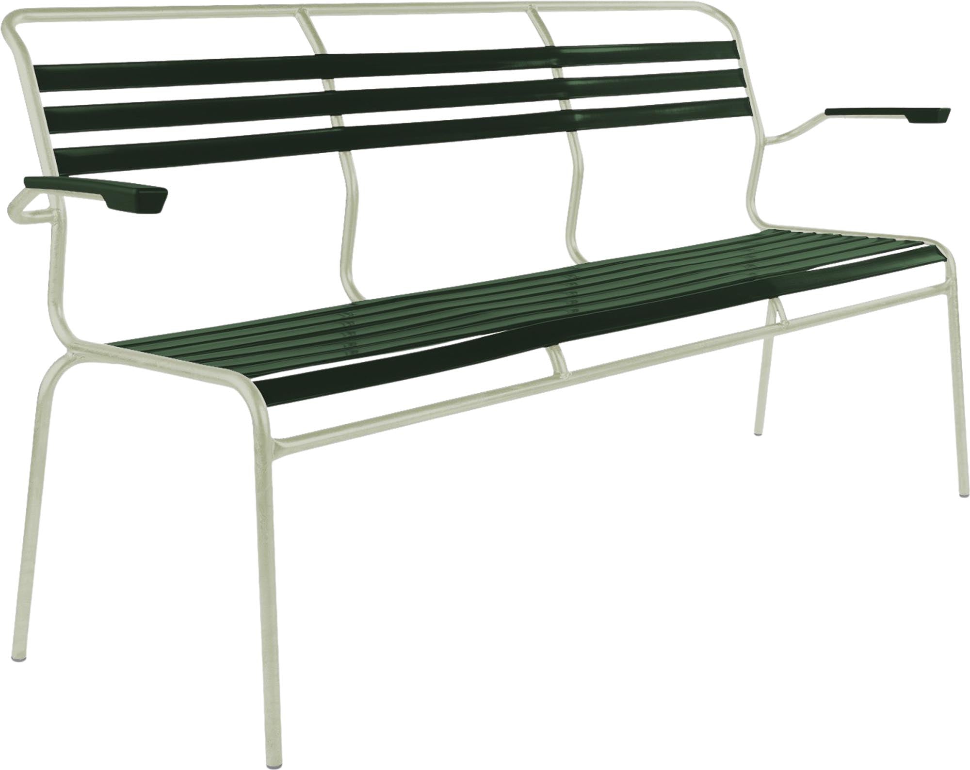 Säntis Lättli-3er Gartenbank mit Armlehne in Tannengrün präsentiert im Onlineshop von KAQTU Design AG. Gartenbank ist von Schaffner