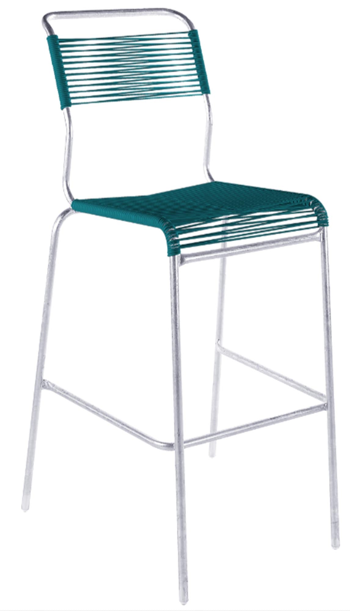 Säntis Spaghetti-Barstuhl Outdoor ohne Armlehne aus wetterfestem Stahl und recyceltem OceanYarn® für langlebigen, stilvollen Sitz im Garten oder auf der Terrasse.