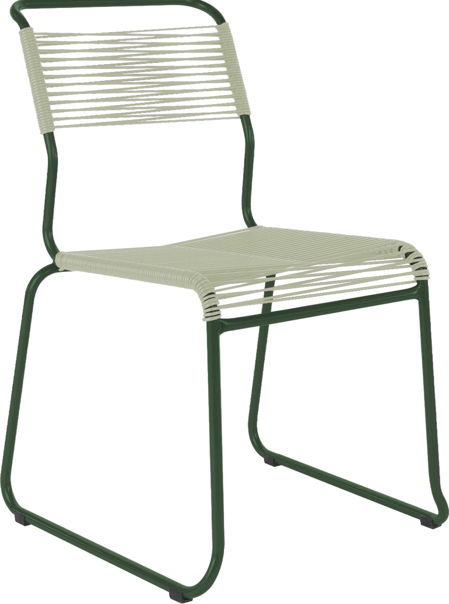 Moderner Spaghettistuhl Säntis mit robusten Kufen, perfekt für stilvolle Gartenmöbel und gemütliche Terrassenabende.