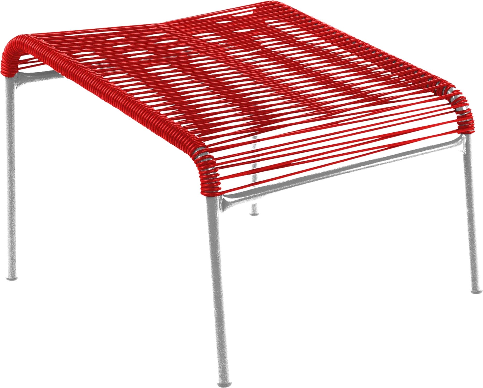 Der Säntis Spaghetti-Fusshocker von Schaffner: wetterfest, langlebig und umweltfreundlich mit recyceltem OceanYarn® – perfekt für stilvolle Outdoor-Terrassen.