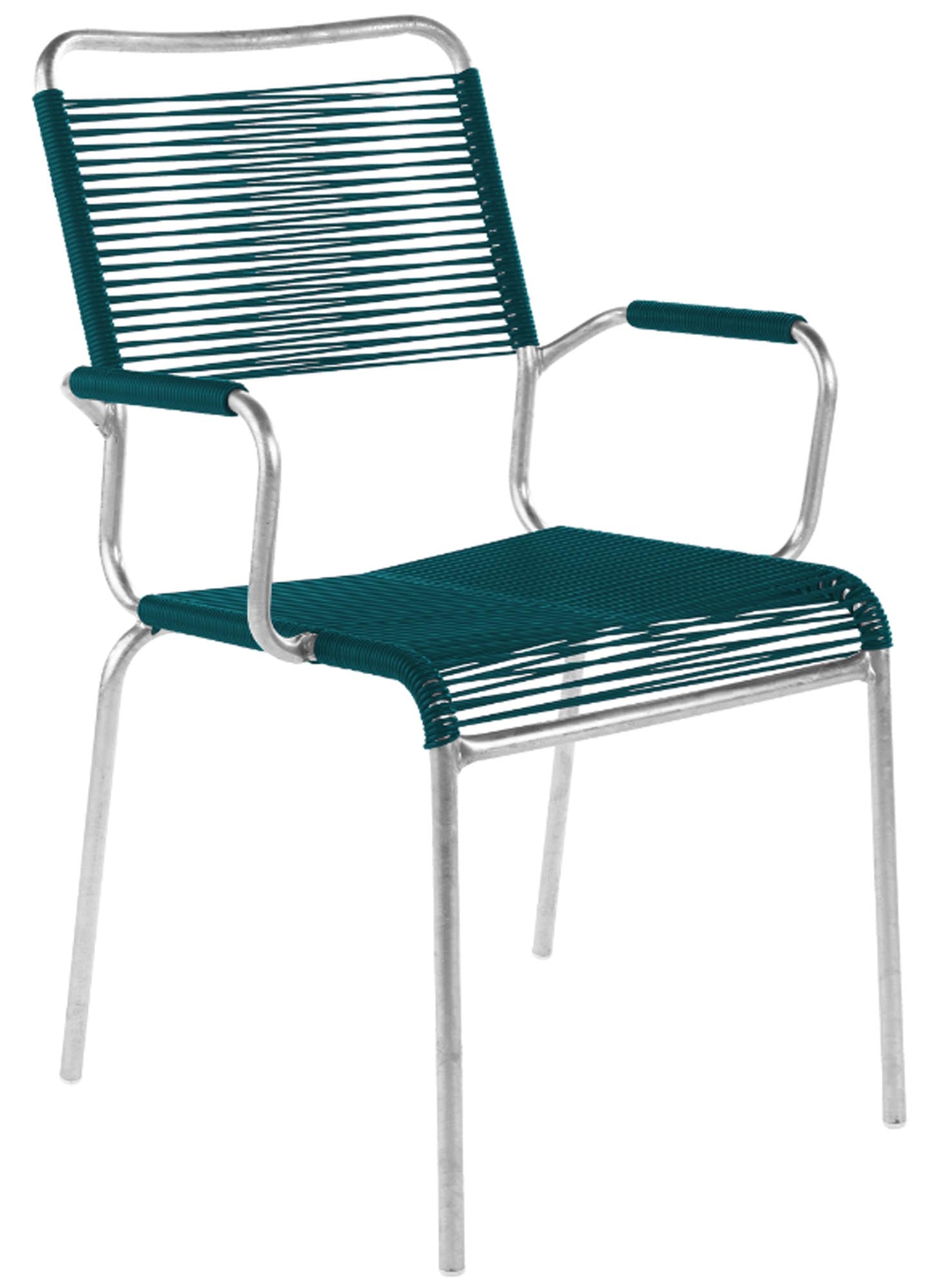 Eleganter Rigi Spaghetti-Gartenstuhl mit Armlehne Comfort, wetterfest, langlebig und bequem. Schweizer Handwerkskunst für stilvollen Außenkomfort.