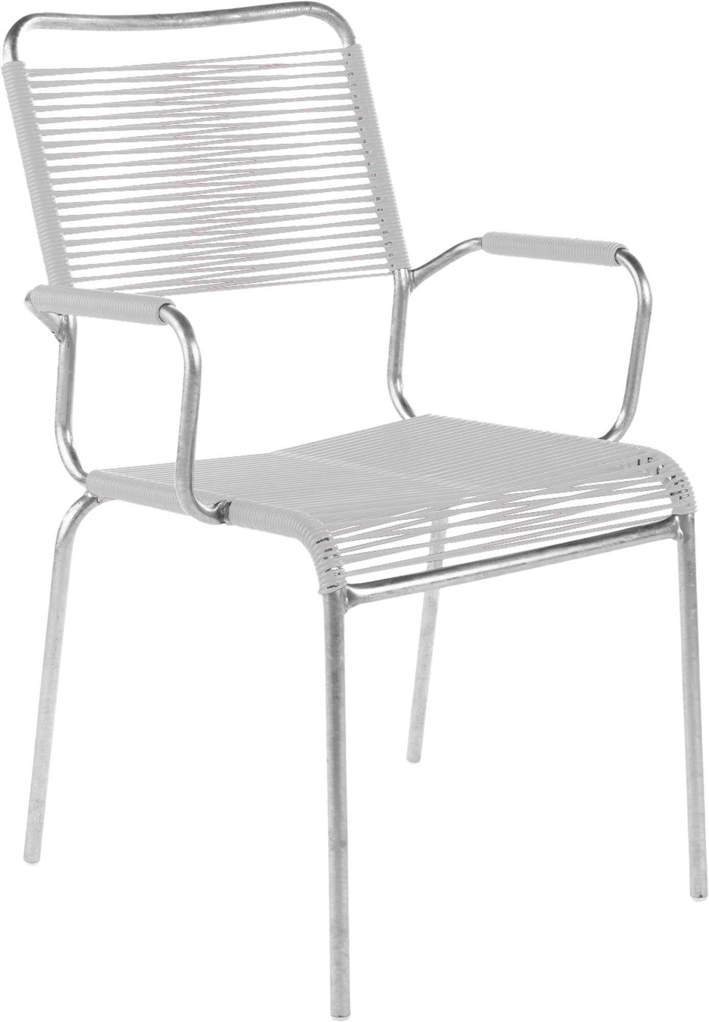 Hochwertiger Rigi Spaghetti-Gartenstuhl mit Armlehne Comfort, wetterfest, langlebig und bequem. Schweizer Design trifft Funktion für Ihren Außenbereich.