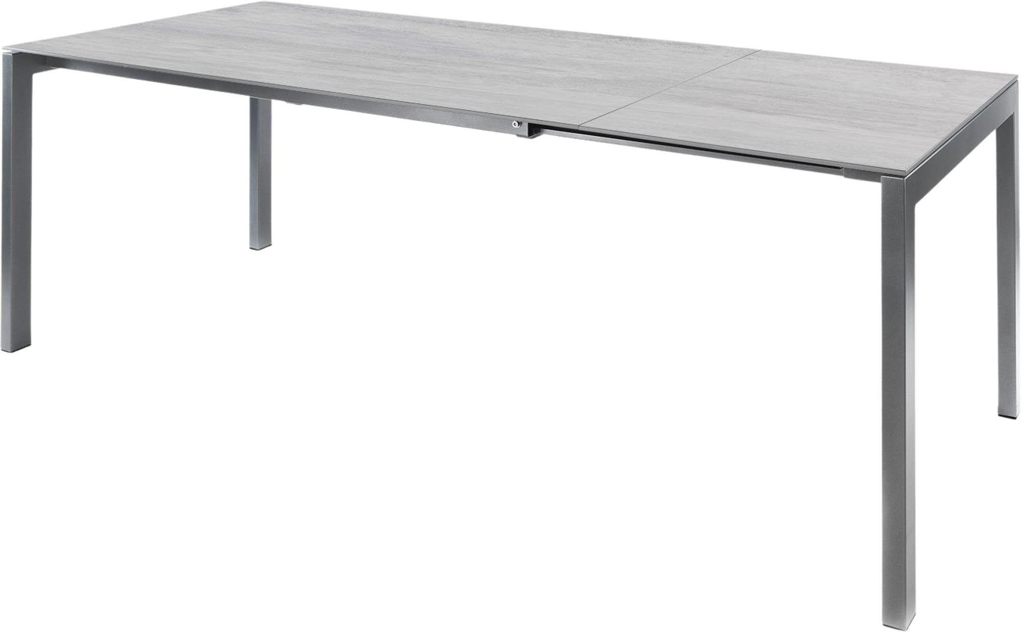 Eleganter Luzern Glasfaser-Gartentisch 140/200x80 cm, ausziehbar, wetterfest, langlebig, modernes Design, Schweizer Qualität – ideal für Garten, Balkon und Terrasse.