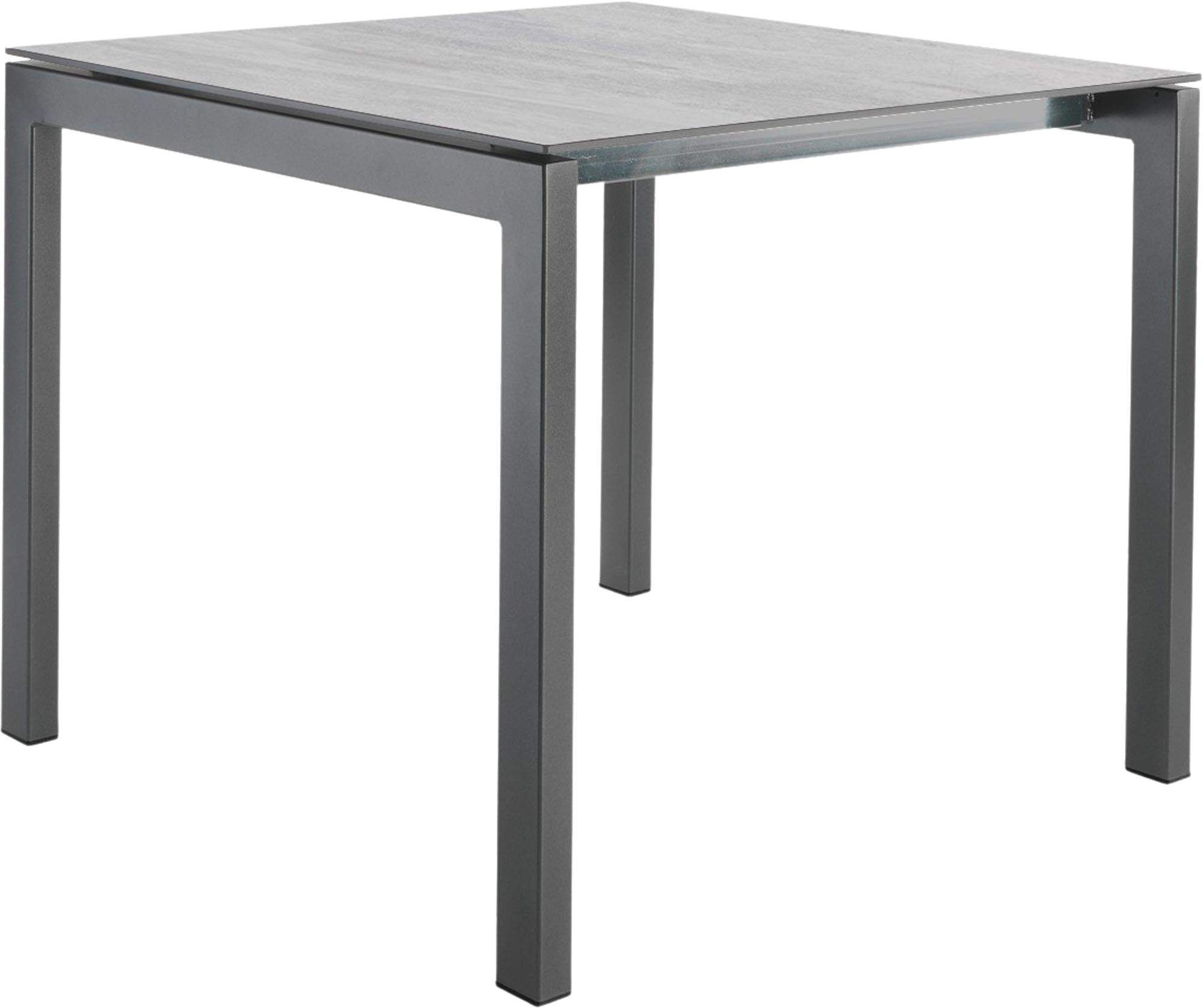 Moderner Luzern Glasfaser-Gartentisch 80x80 von Schaffner, wetterfest, ausziehbar, hitzebeständig, langlebig, Schweizer Qualität – perfekt für Garten und Terrasse.