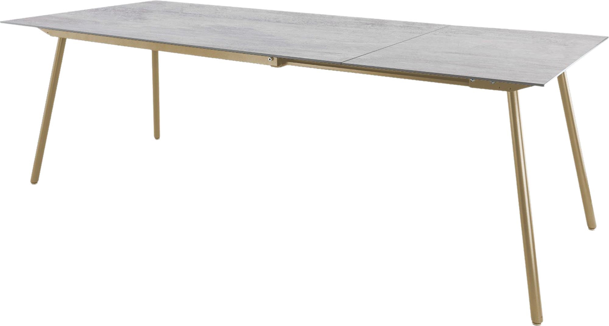 Eleganter, ausziehbarer Gartentisch aus Glasfaser, ideal für Gartenpartys, bietet Platz für Familie und Freunde, robust und modern.