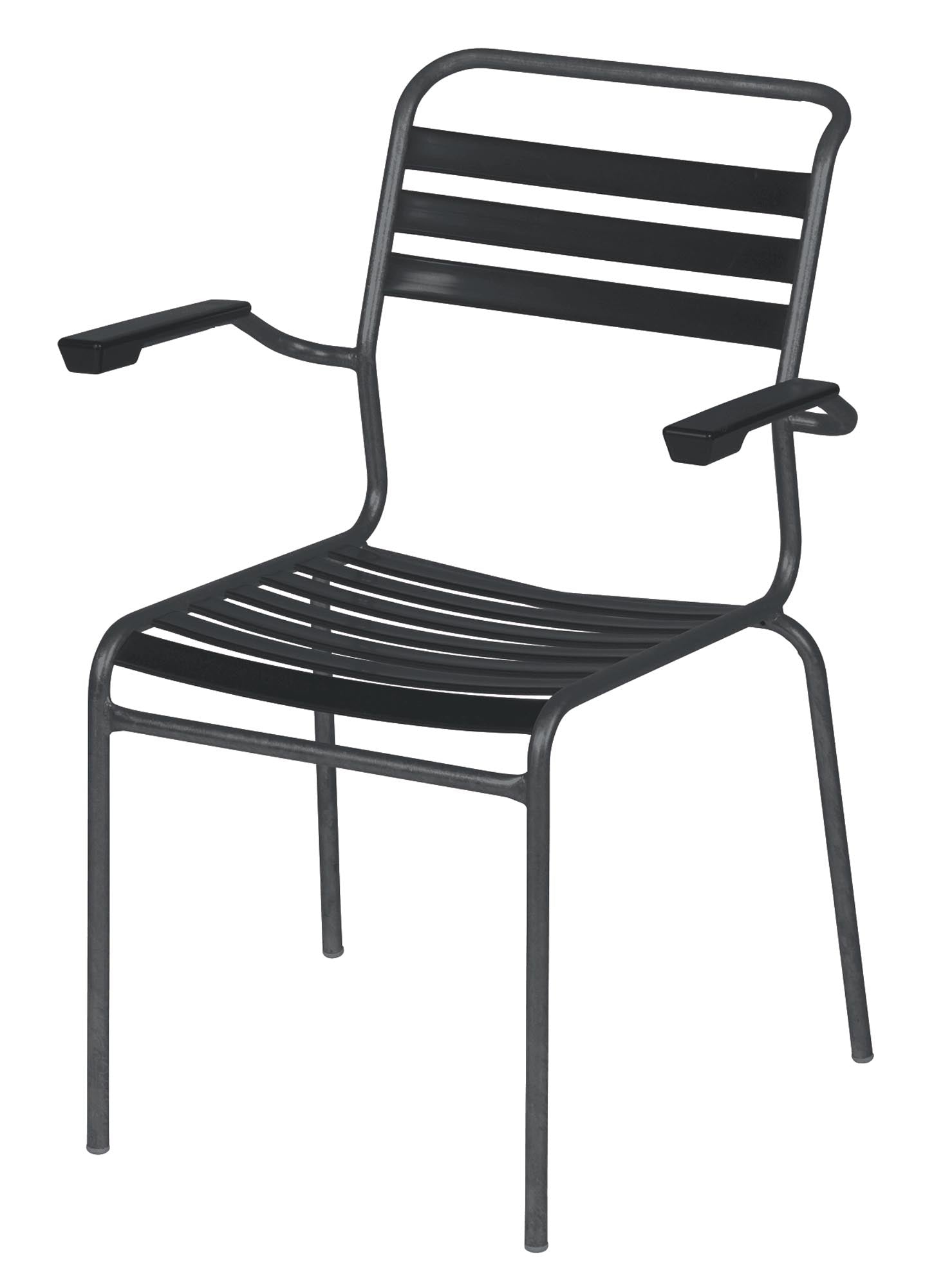 Entdecken Sie den Säntis Stuhl mit Armlehne von Schaffner: Elegante Optik, robust für den Außenbereich und platzsparend stapelbar.