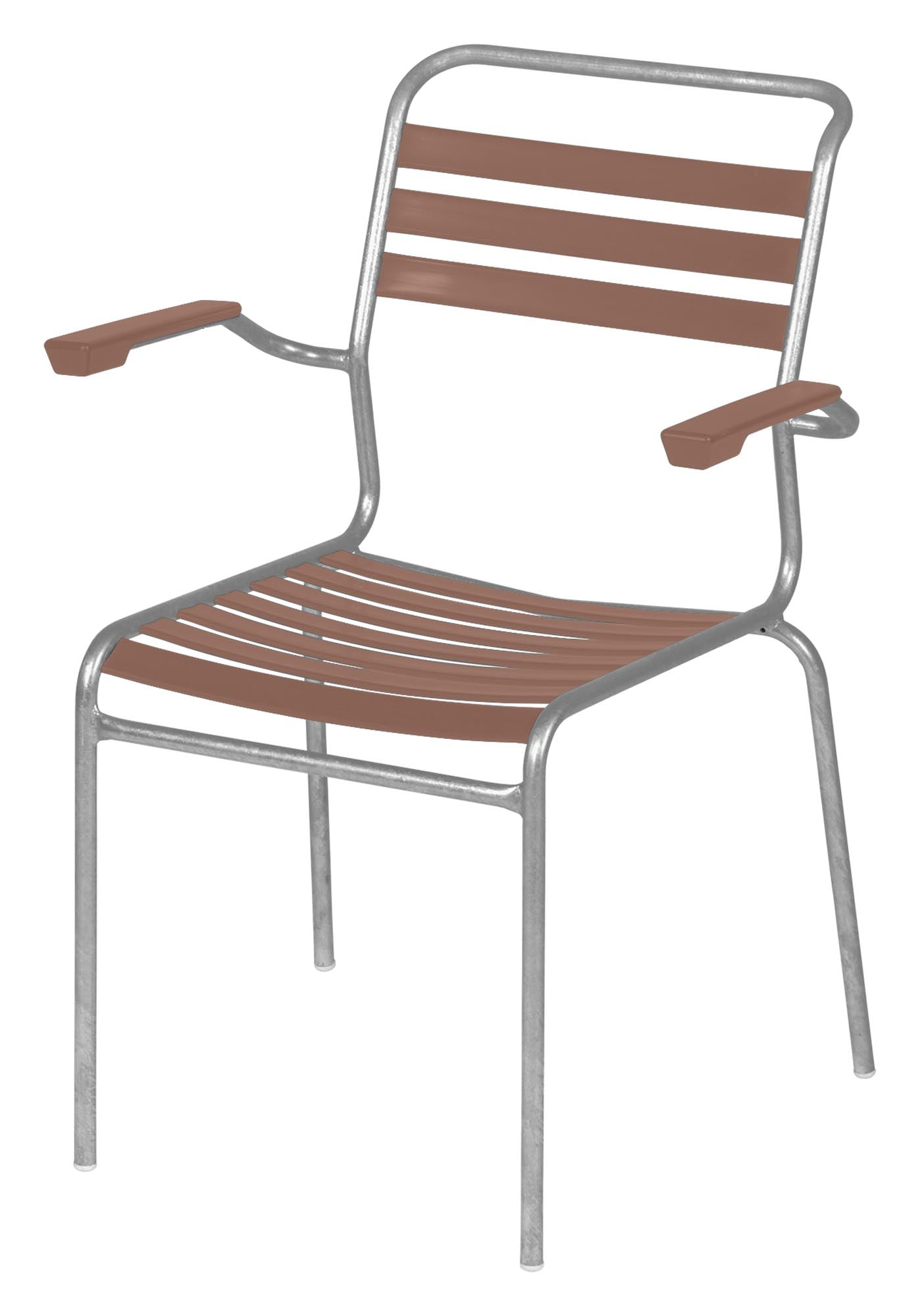 Entdecken Sie den Säntis Stuhl mit Armlehne von Schaffner: Elegante Optik, robust für den Außenbereich und platzsparend stapelbar.