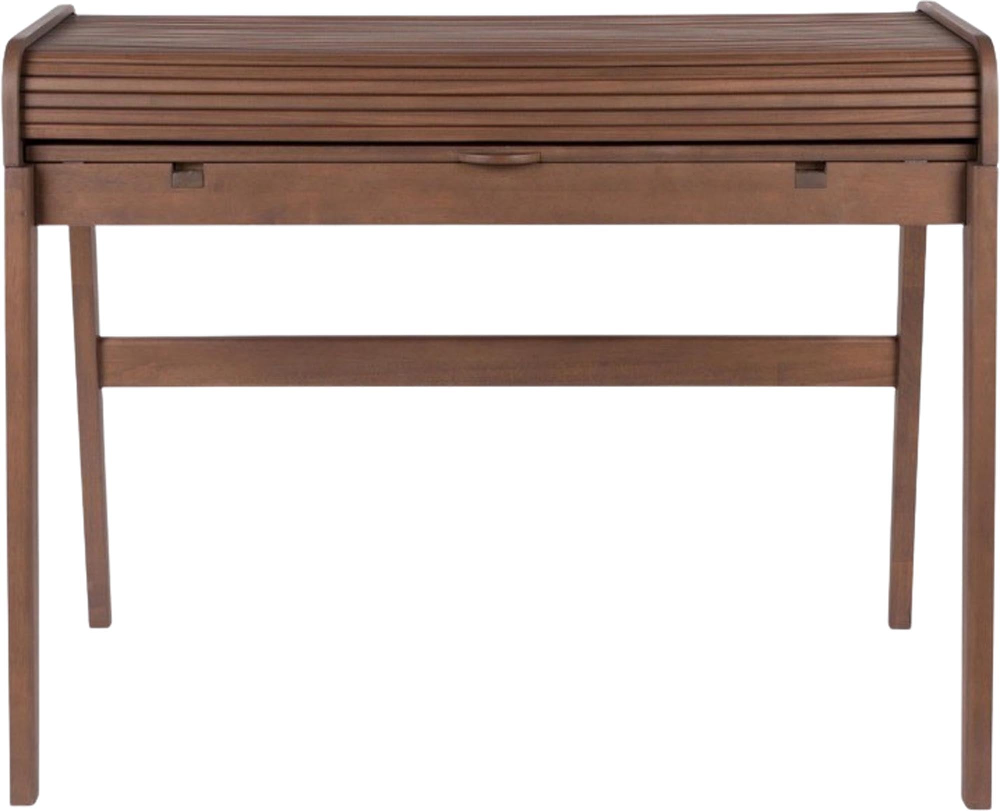 Stilvoller Bürotisch Barbier von Zuiver: Kompakt, funktional, aus Kautschukholz, mit ausziehbarer Tischplatte und Staufächern.