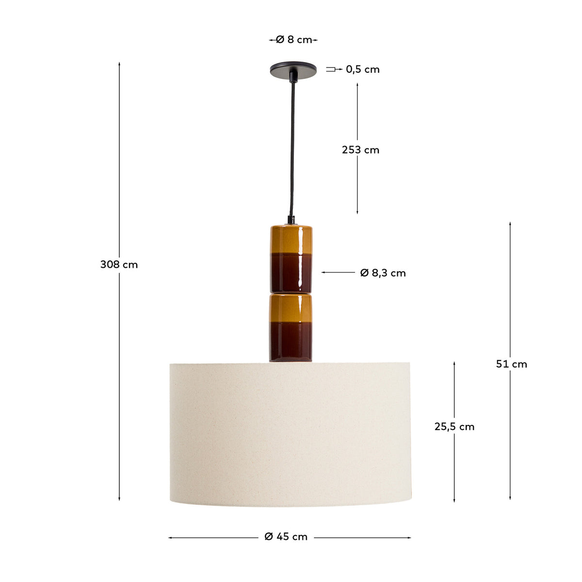 Deckenleuchte Mavran aus Keramik in Braun und Senfgelb mit Baumwollschirm in Mehrfarbig präsentiert im Onlineshop von KAQTU Design AG. Lampenschirm ist von Kave Home