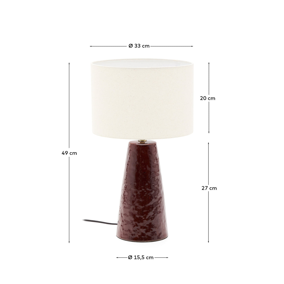 Tischlampe Drava aus weinroter Keramik mit Baumwollschirm in Weiss präsentiert im Onlineshop von KAQTU Design AG. Tischleuchte ist von Kave Home