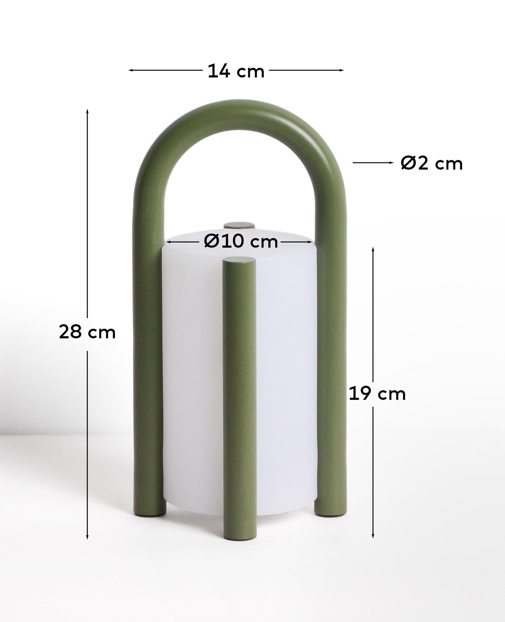 Kompakte und elegante Tischlampe Leros, gefertigt aus robustem Polyethylen und grünem Stahl, ideal für gemütliche Outdoor-Events.