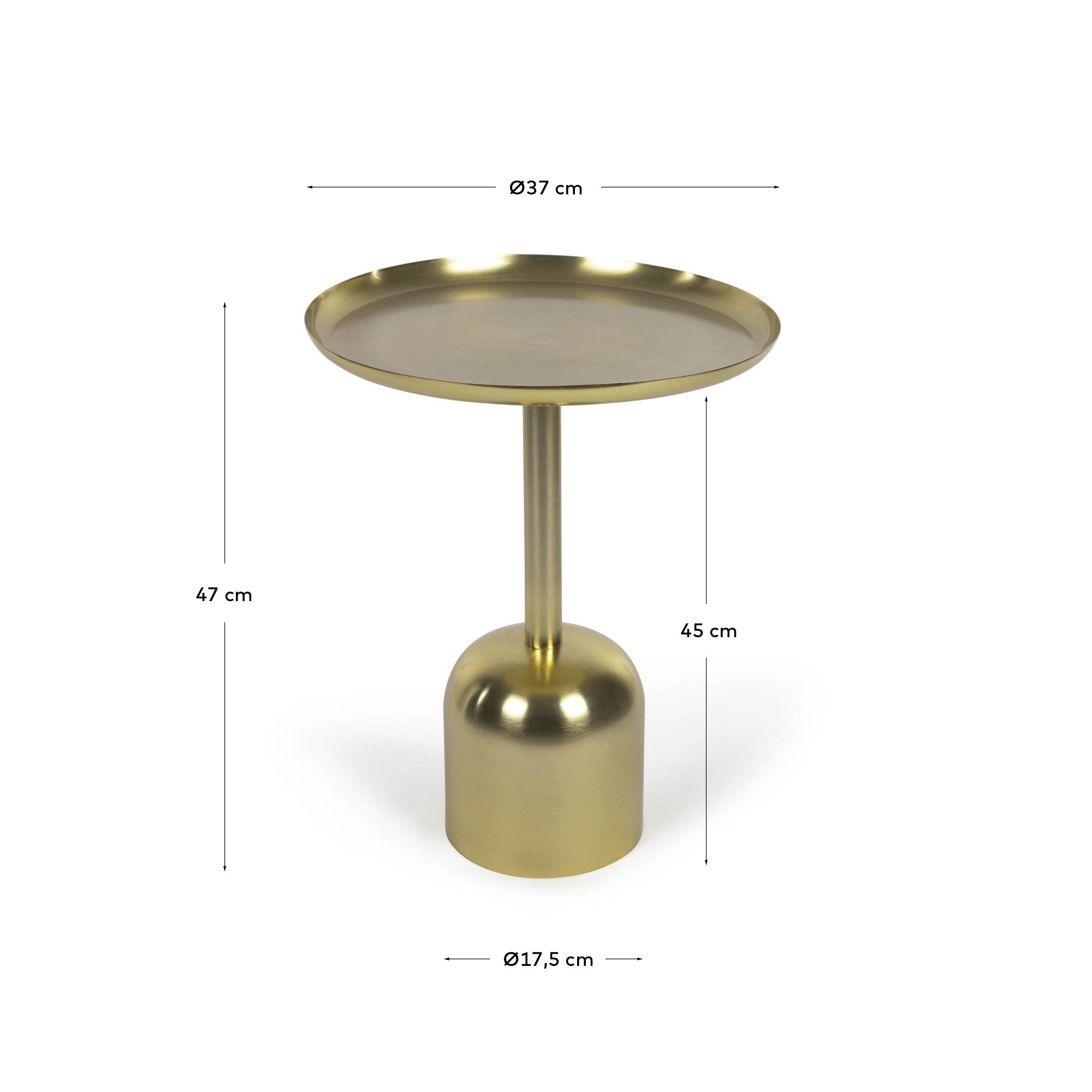 Der Adaluz Beistelltisch von Kave Home vereint stilvolles Design und Funktionalität. Mit seinem goldenen Metall und kompakten Ø 37 cm ist er perfekt für jeden Raum.