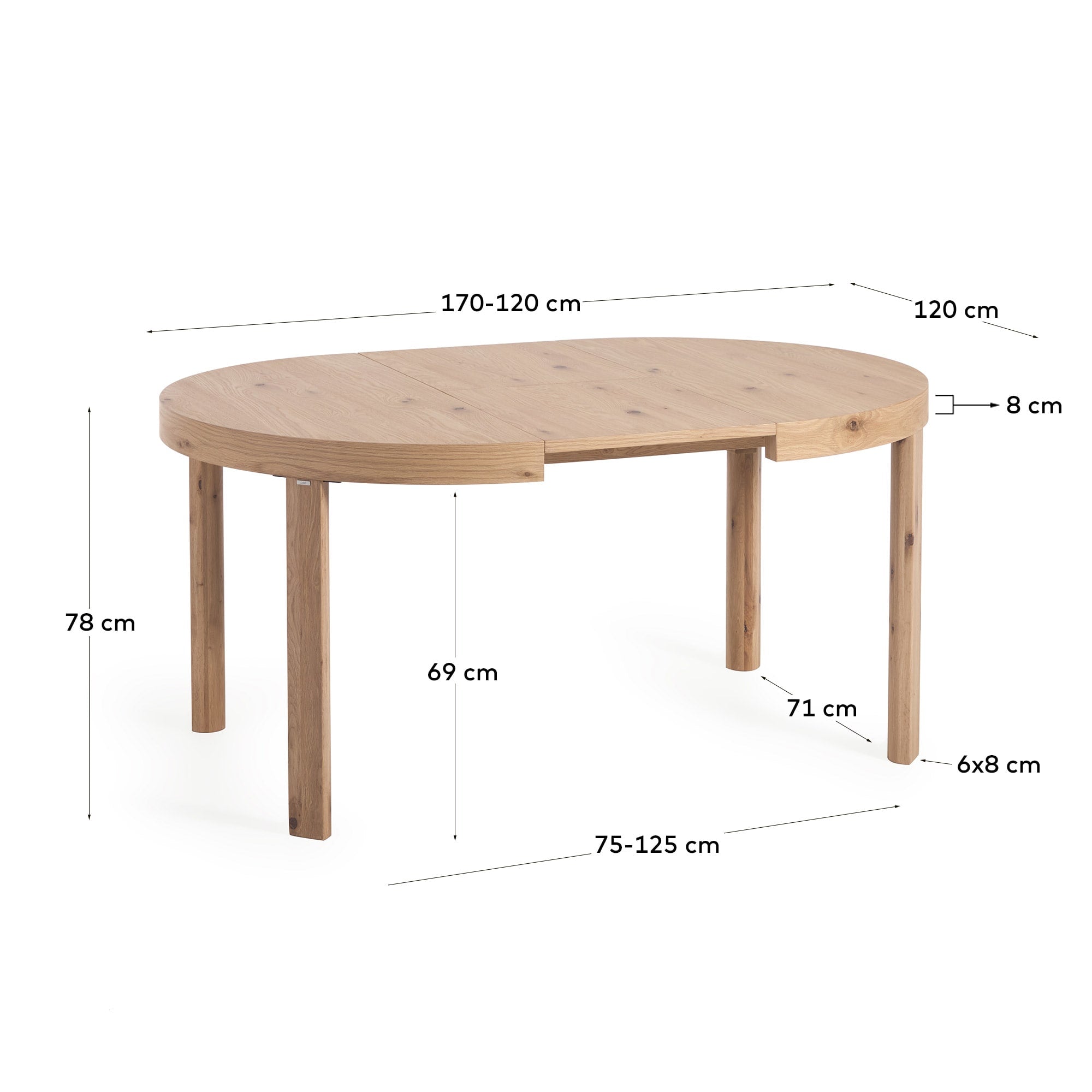 Runder Ausziehtisch Colleen von Kave Home, Ø120(170)x120 cm, aus hochwertigem Eichenfurnier und robusten Massivholzbeinen – perfekt für stilvolle Esszimmer.