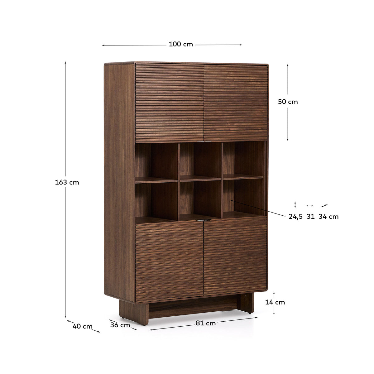 Highboard Norlen mit 4 Türen aus Nussbaumfurnier FSC Mix Credit 100 x 163 cm in Dunkelbraun präsentiert im Onlineshop von KAQTU Design AG. Sideboard ist von Kave Home