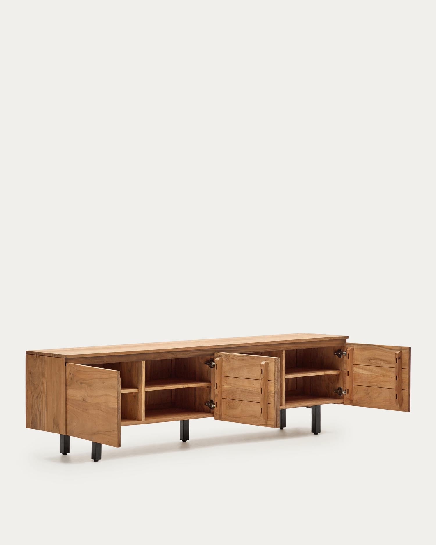 Entdecken Sie das 3-türige TV-Möbel Uxue aus massivem Akazienholz mit gebleichtem Finish. Stilvolles Design trifft auf praktischen Stauraum.