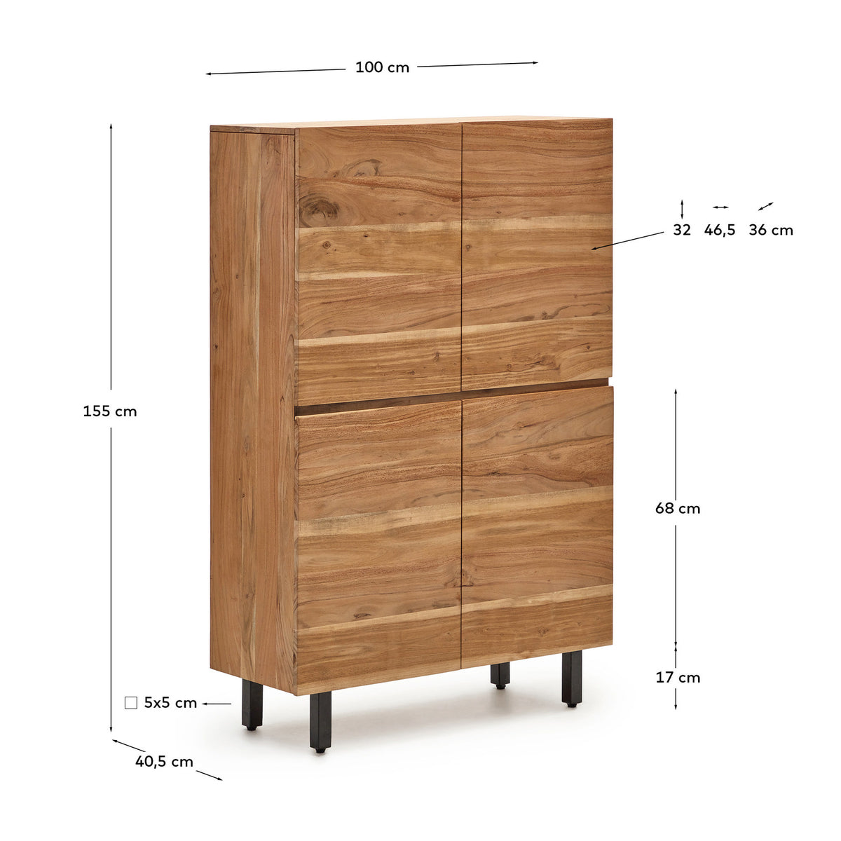 4-türiges Highboard Uxue aus massivem Akazienholz mit gebleichtem Finish und schwarzem Stahl 100 x 155 cm in Beige präsentiert im Onlineshop von KAQTU Design AG. High-Sideboard ist von Kave Home