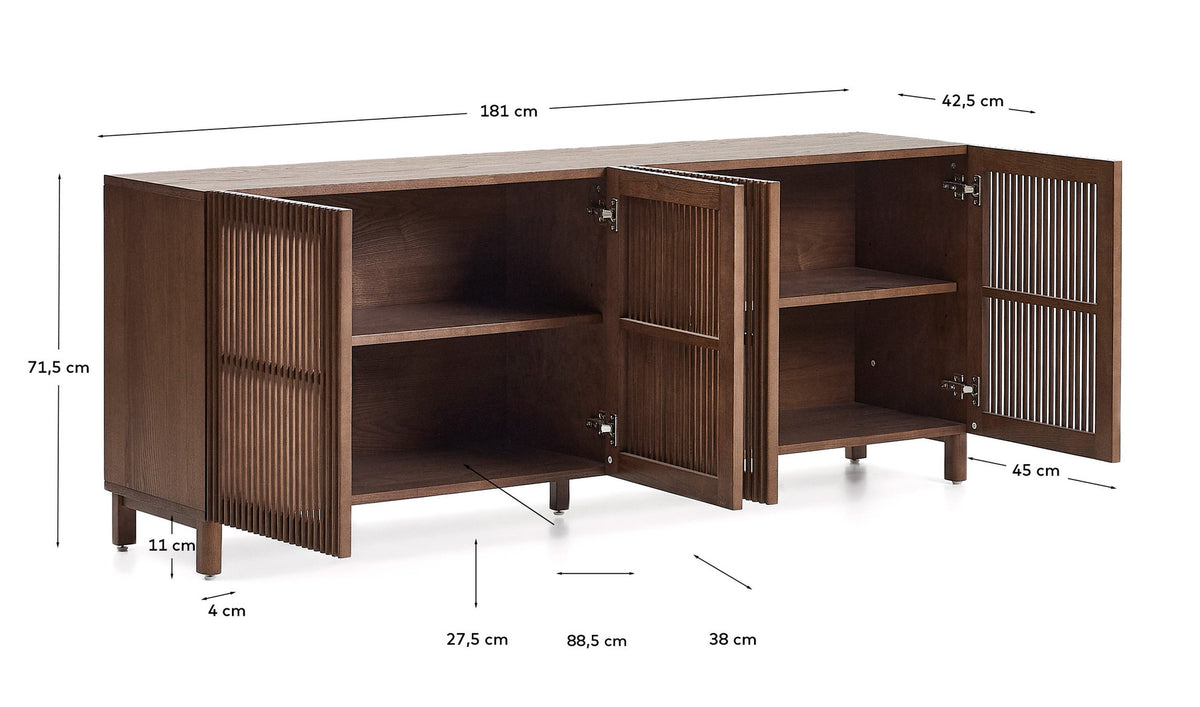 Sideboard Beyla mit 4 Türen aus Eschenfurnier und Massivholz aus Esche mit nussbaumfarbenem Finish 180 x 71,5 cm FSC 100% in Dunkelbraun präsentiert im Onlineshop von KAQTU Design AG. Sideboard ist von Kave Home