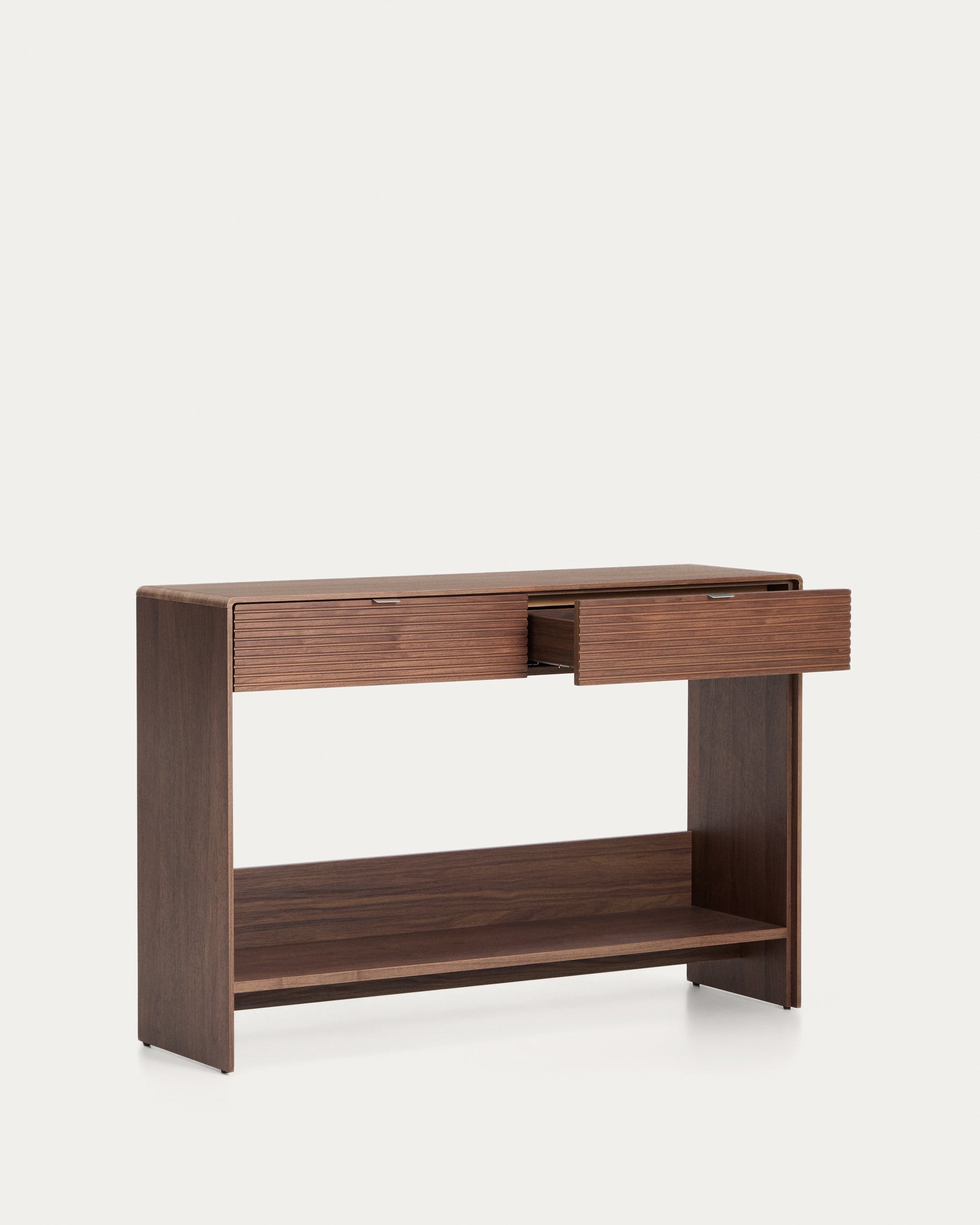 Konsolentisch Norlen in Nussbaumfurnier mit 2 Schubladen und Regalboden, FSC Mix Credit, 120 x 81 cm in Dunkelbraun präsentiert im Onlineshop von KAQTU Design AG. Konsolentisch ist von Kave Home