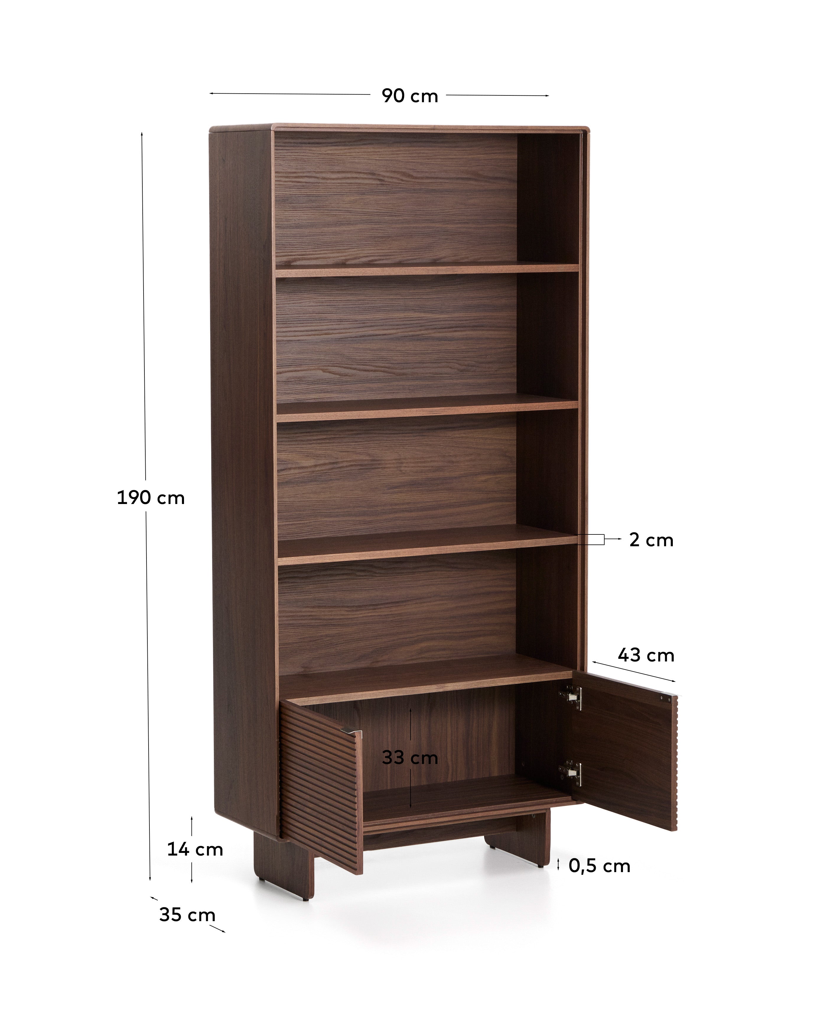 Modernes Regal Norlen in edlem Nussbaumfurnier, FSC Mix Credit, 90 x 190 cm, perfekt für stilvolle Akzente und praktischen Stauraum.