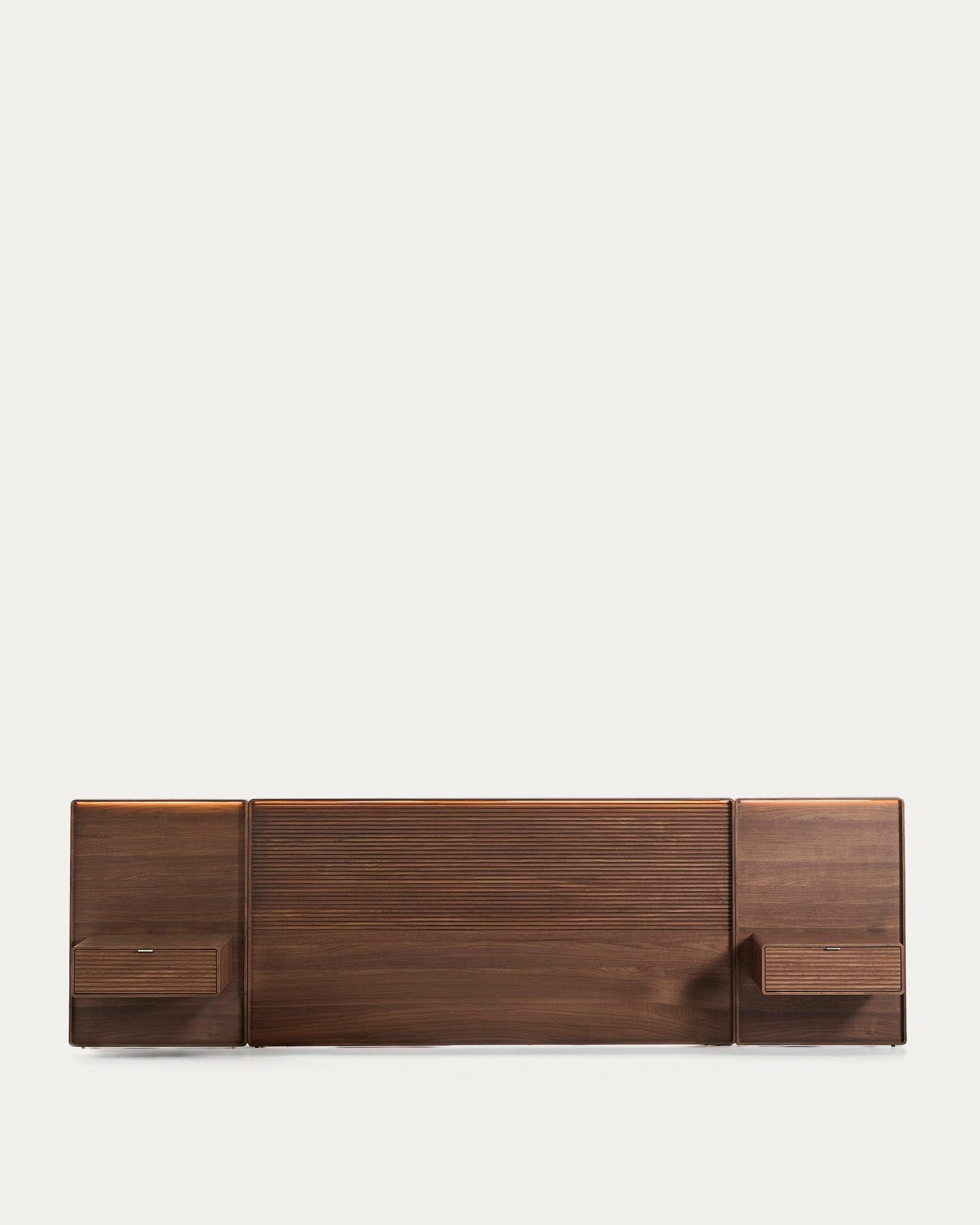 Bettkopfteil Norlen mit zwei Nachttischen aus Nussbaumfurnier mit dunklem Finish und LED-Licht für Betten bis 180 cm, FSC Mix Credit in Dunkelbraun präsentiert im Onlineshop von KAQTU Design AG. Kopfteile ist von Kave Home