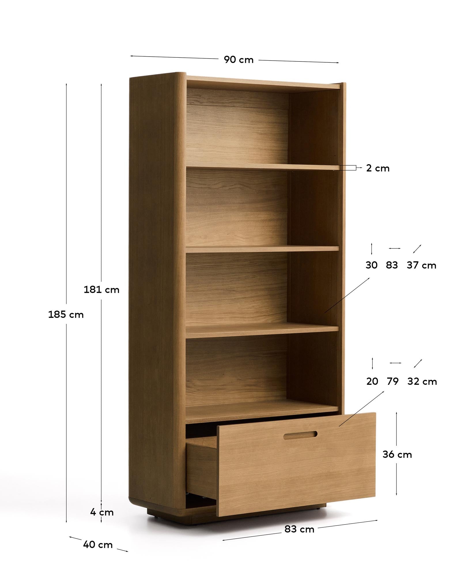 Elegantes Standregal Arelida aus hochwertigem Eichenholz und Furnier, hellbraun, 90 x 185 cm, ideal für stilvolle Wohnräume.