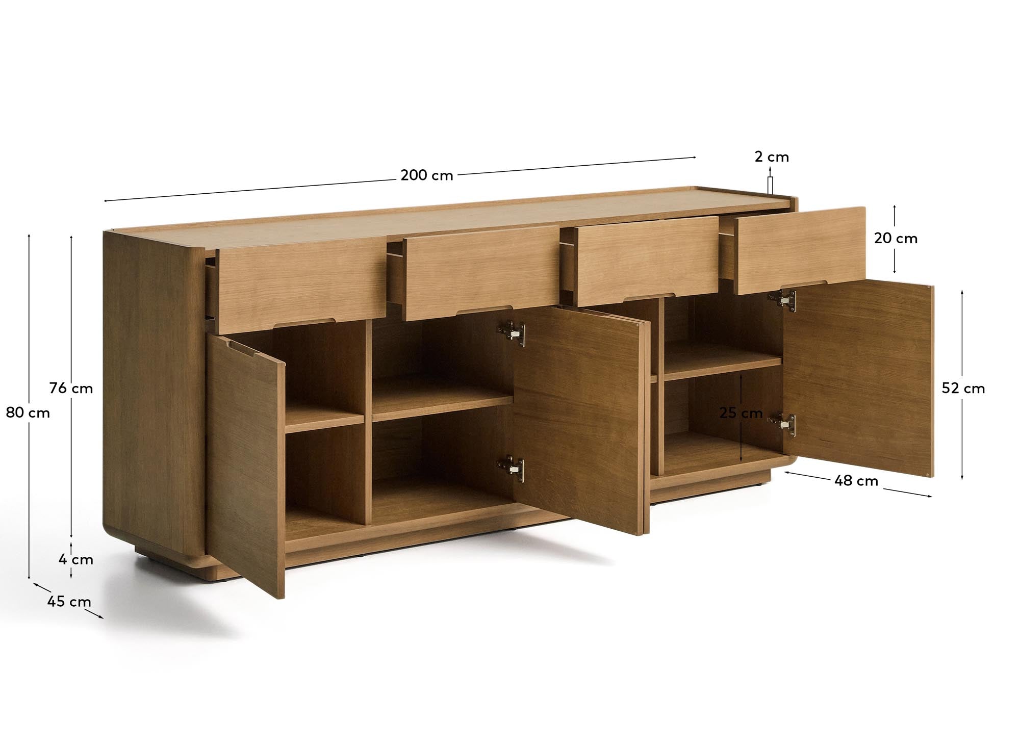 Stylisches Sideboard Arelida aus massivem Eichenholz und Furnier, hellbraun, 200 x 80 cm, perfekt für zeitgemäße Einrichtungskonzepte.