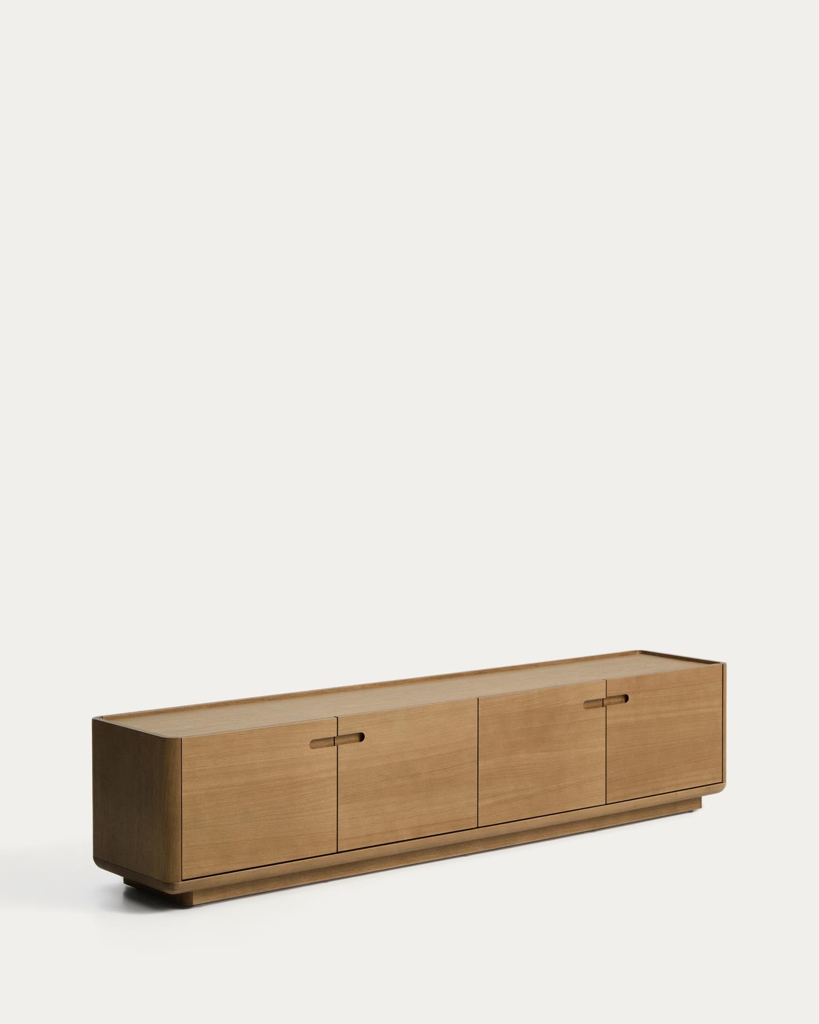 Elegantes TV-Möbel Arelida aus hochwertigem Eichenholz und Furnier, hellbraun, ideal für stilvolle Wohnräume, Maße 200 x 44 cm.
