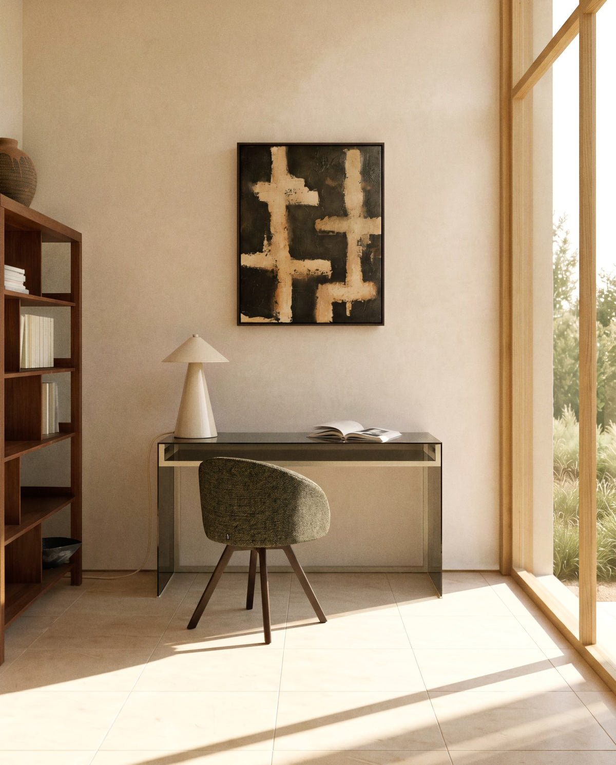 Schreibtisch Adile aus gehärtetem Rauchglas in Braun mit Beinen aus gehärtetem Glas in Anthrazit und gebürstetem Stahl, Masse 142 x 77 cm.